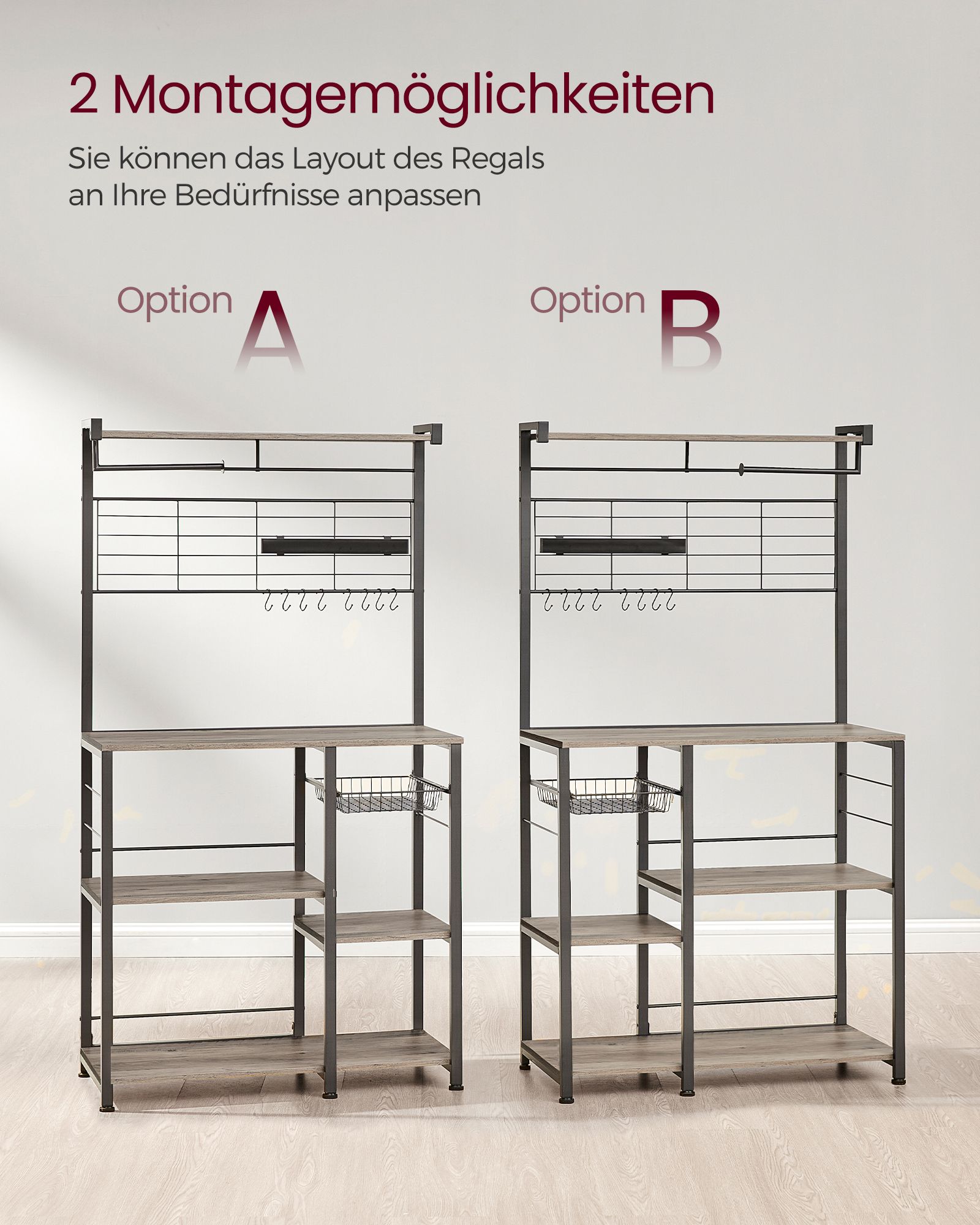 Virtuvės lentyna su 12 kabliukų greige-juoda