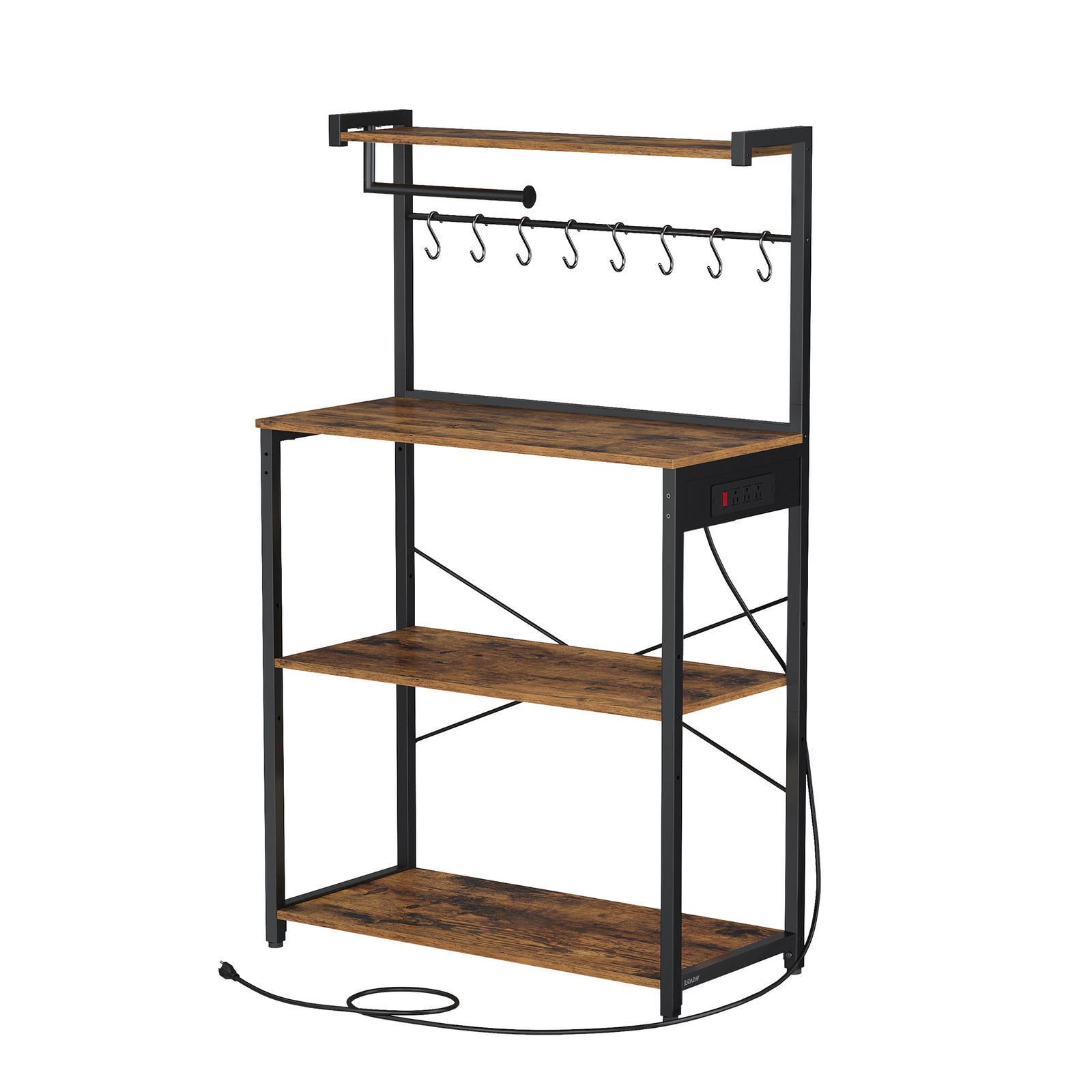 Standregal mit 4 Ebenen, Küchenregal mit Ladestation, 8 Haken