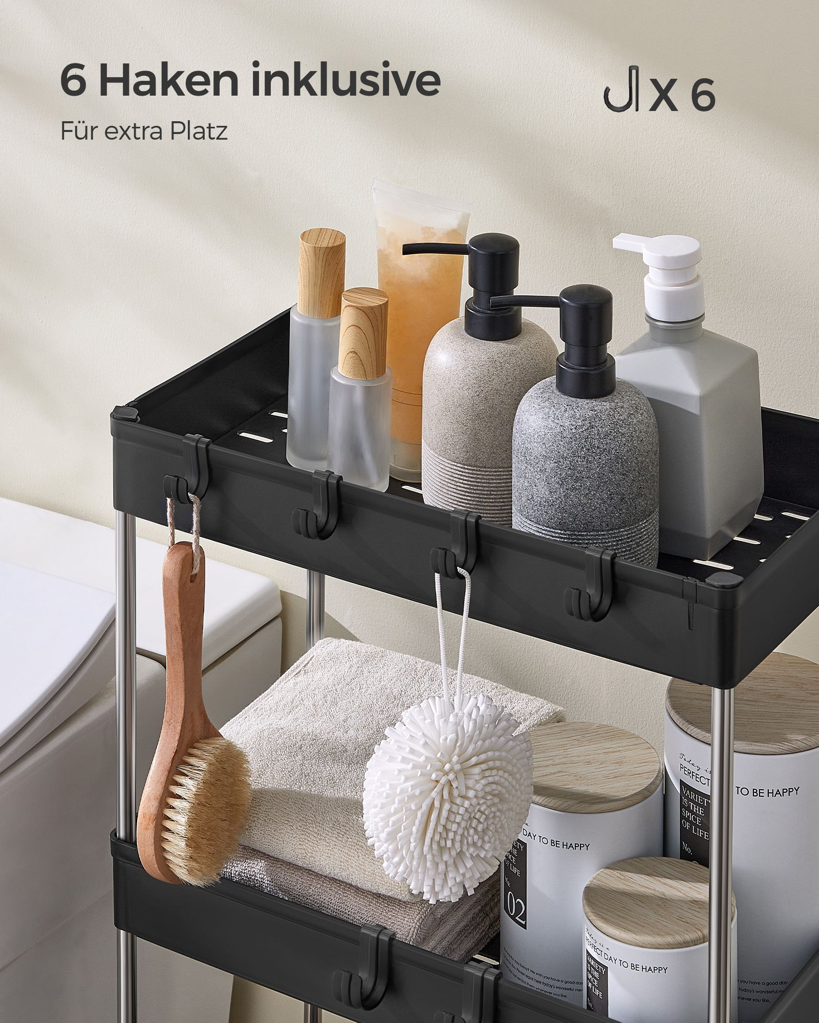 Vežimėlis su 4 lentynomis ir 6 kabliukais