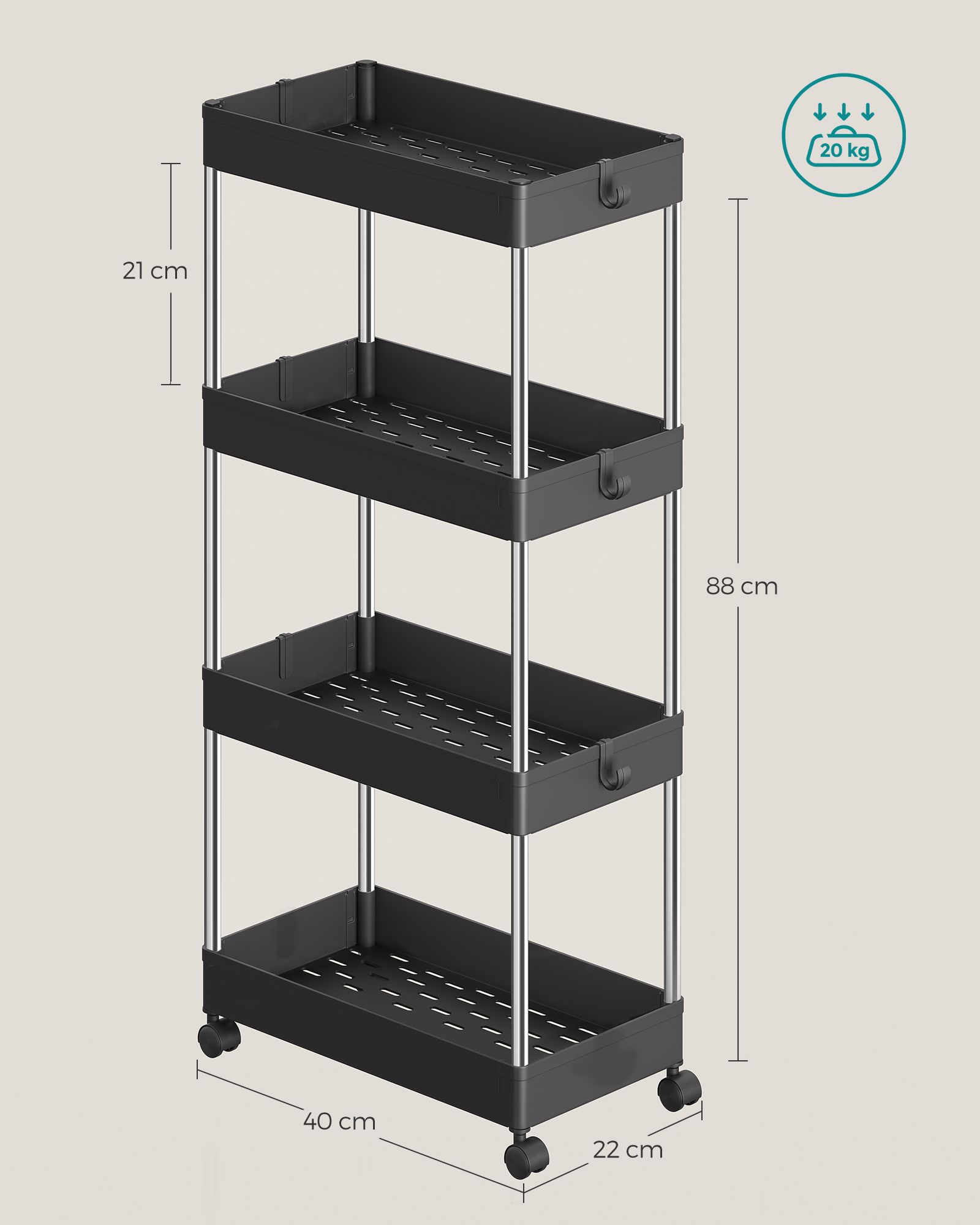 Vežimėlis su 4 lentynomis ir 6 kabliukais
