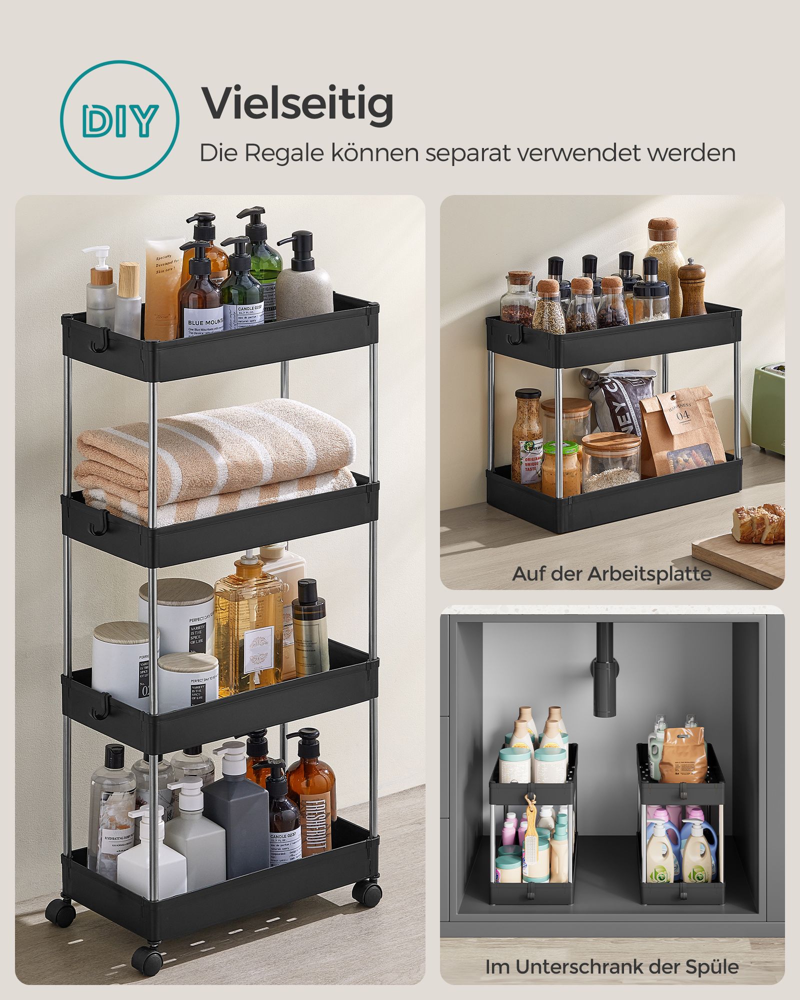 Vežimėlis su 4 lentynomis ir 6 kabliukais