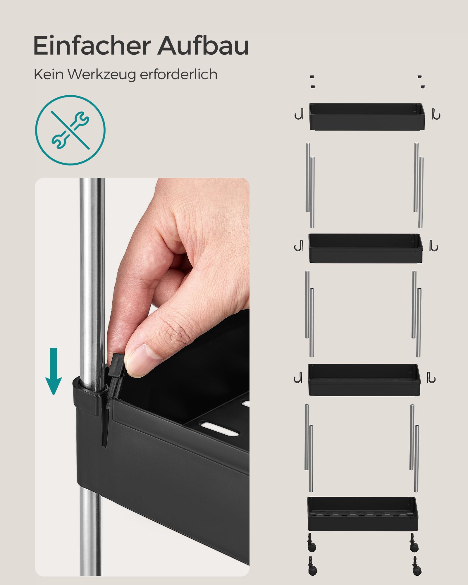Vežimėlis su 4 lentynomis ir 6 kabliukais