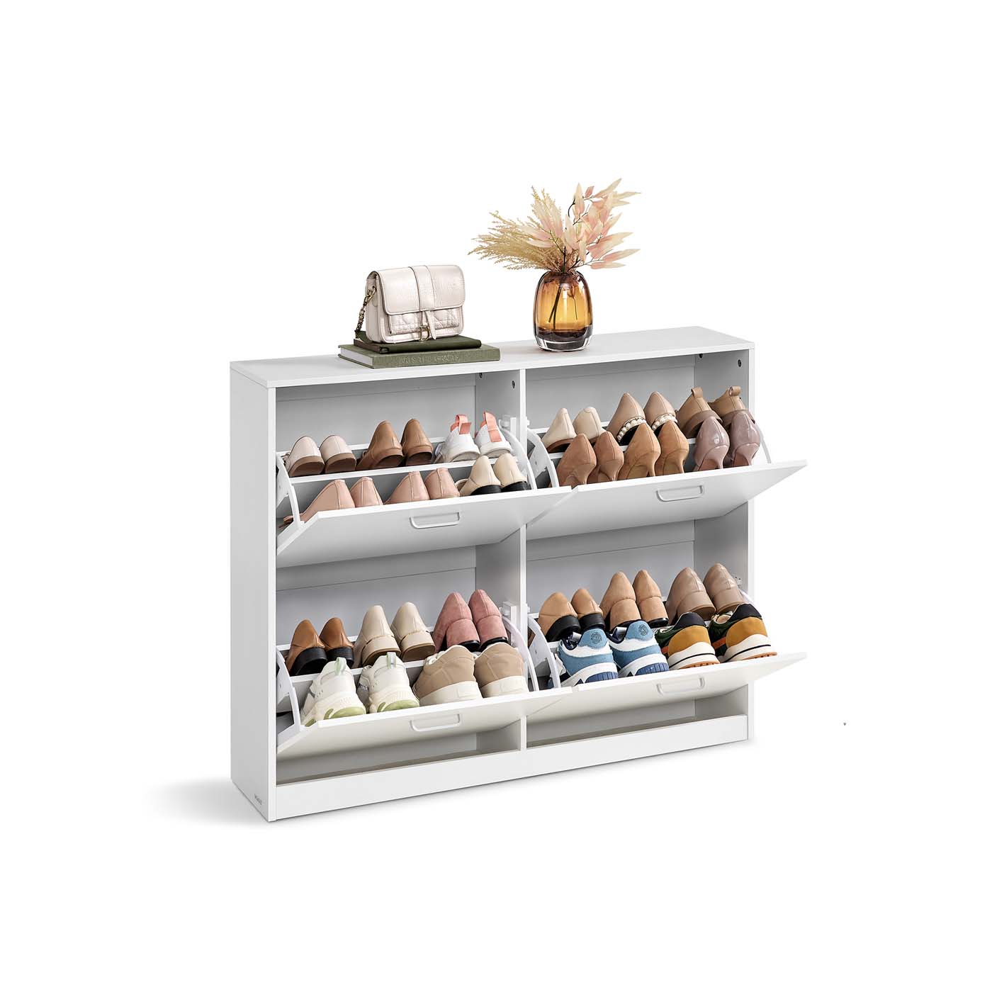 Schuhschrank mit 4 Klappen und verstellbarer Trennwand schneeweiß
