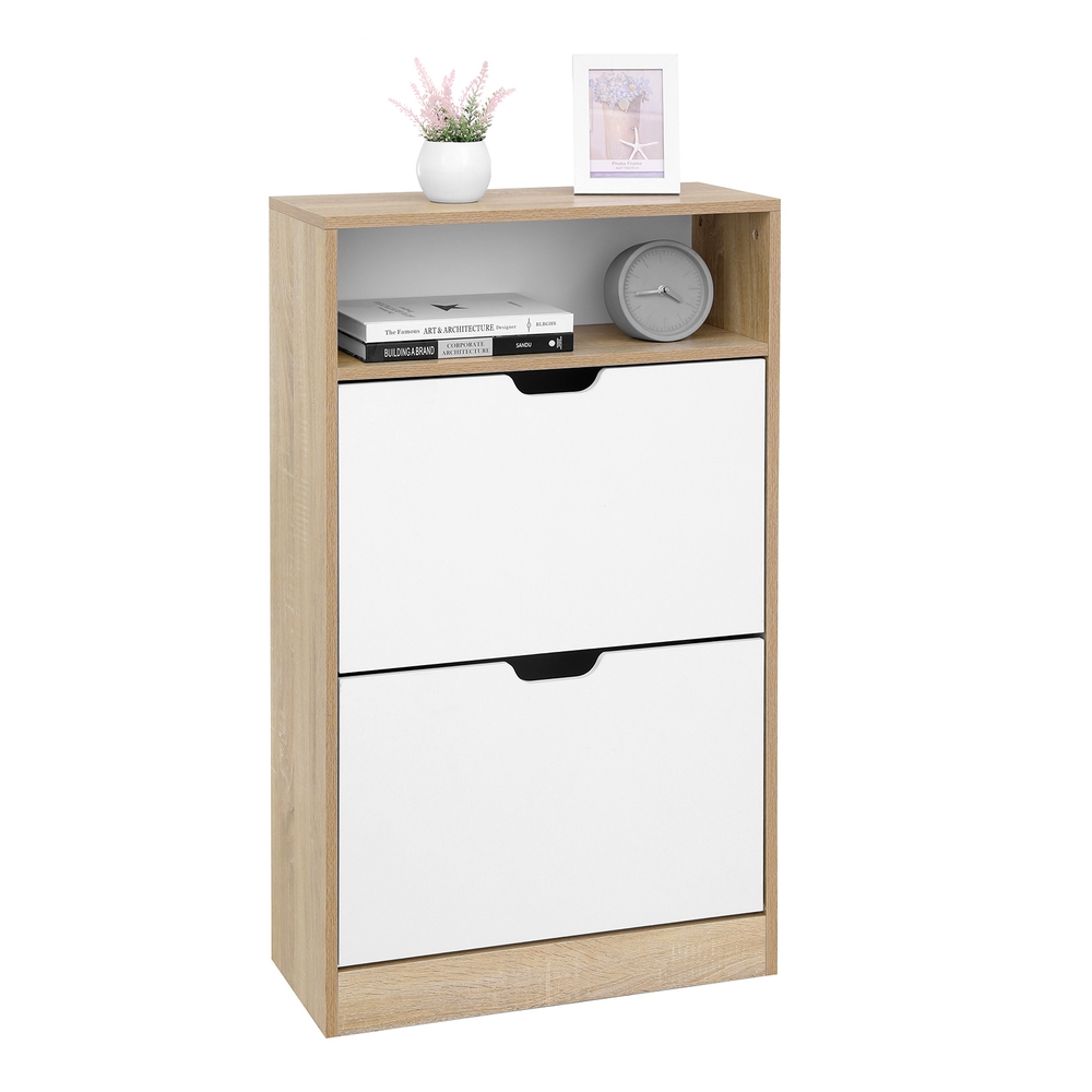 VASAGLE Schuhschrank, 2 Flügeltüren, Schuhregal, offenes Fach, verstellbare Trennwand, 8 bis 12 Paar, für kleinen Eingangsbereich, 24 x 60 x 102 cm, Weiß und Holzfarbe LBC04NW