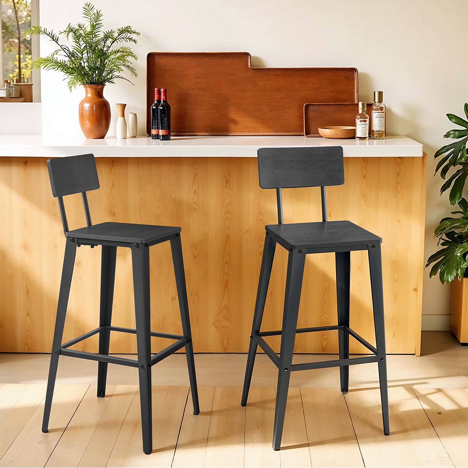 Barhocker 2er Set mit Rückenlehne aschschwarz-tintenschwarz