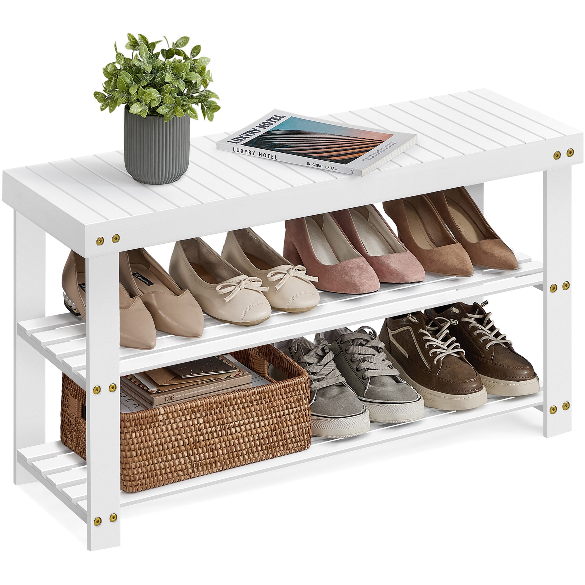 Schuhbank Bambus wolkenweiß 3 Ebenen 90x45,3 cm