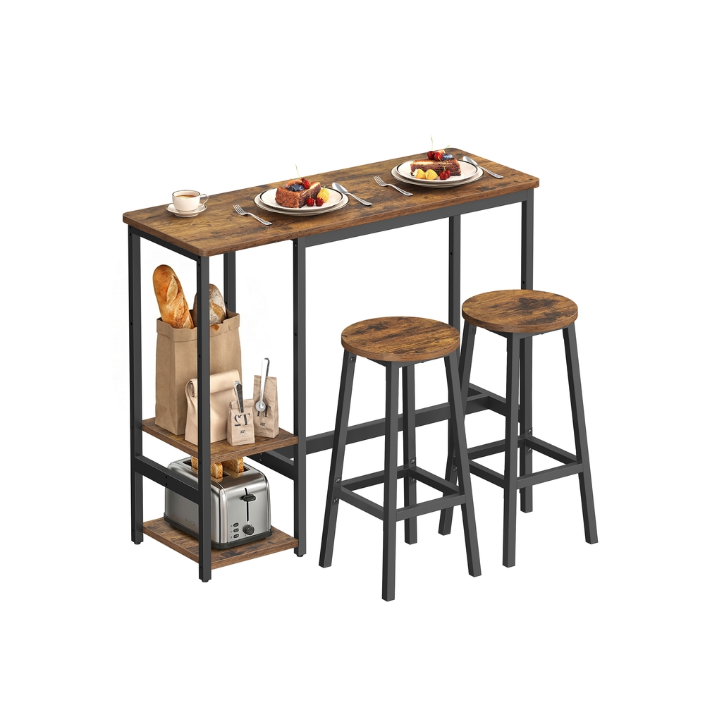 Bartisch Set mit Barhockern und praktischem Aufbewahrungsregal vintagebraun-schwarz