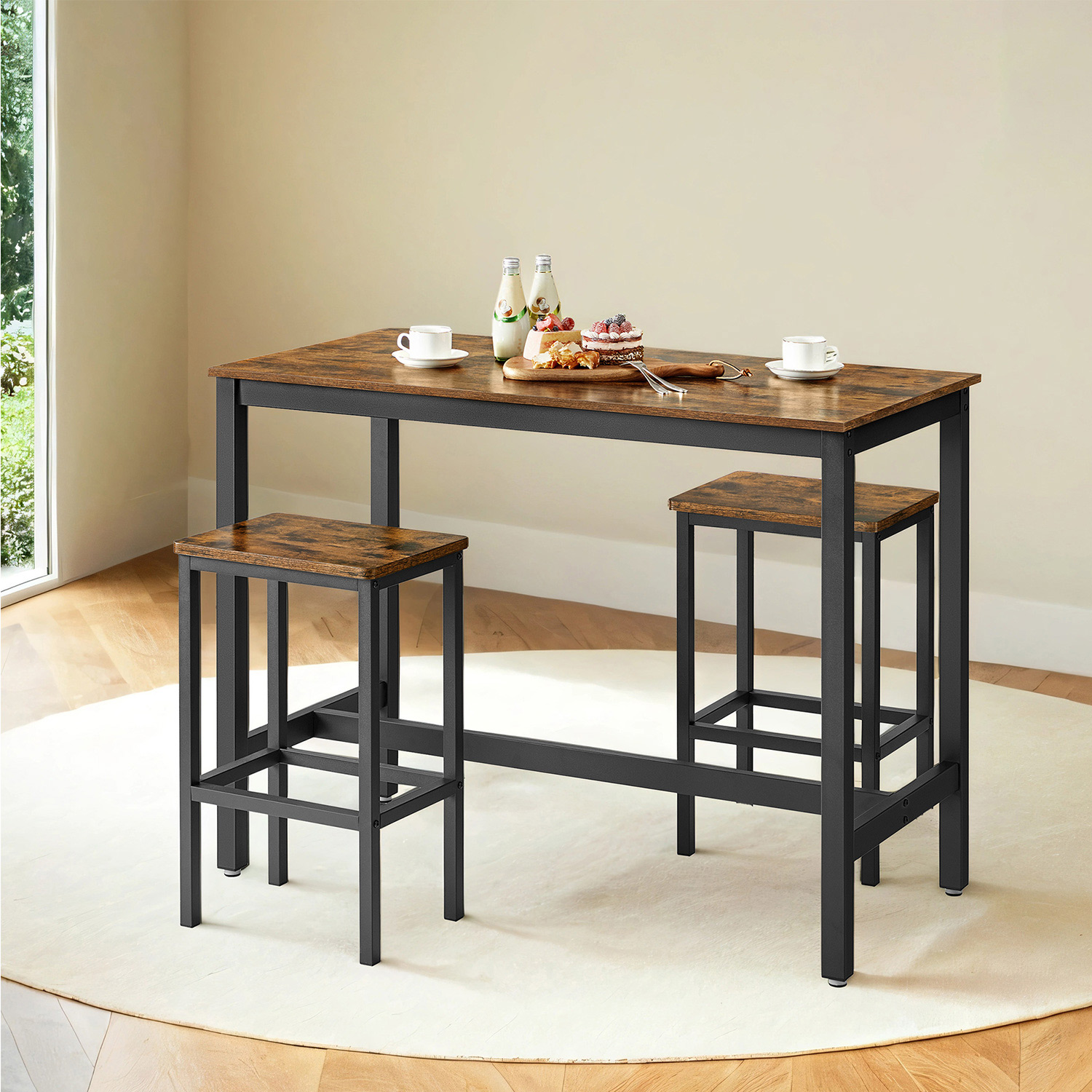 Industrial Look Stehtisch mit 2 Barhockern