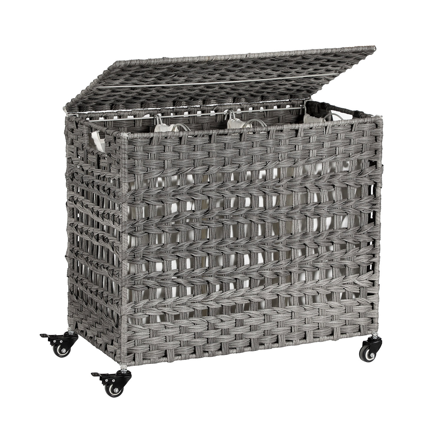 Wäschekorb handgeflochten Wäschesammler aus Polyrattan mit 3 Fächern Deckel und Griffen herausnehmbare Taschen Wohnzimmer Schlafzimmer
