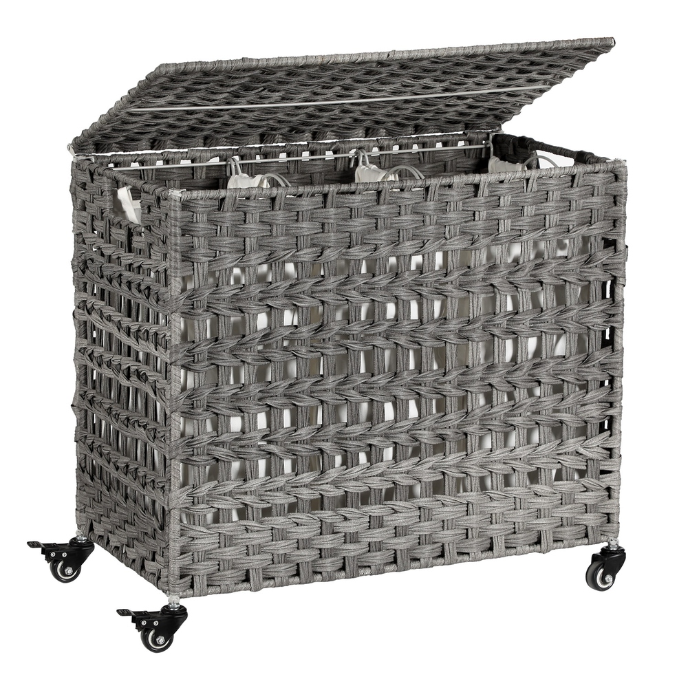 SONGMICS Wäschekorb, handgewebt, Wäschekorb in Rattanoptik, mobil, 3 Sortierfächer, Deckel, Griffe, abnehmbare Taschen, Wohnzimmer, Badezimmer, Waschküche, Grau LCB083G02