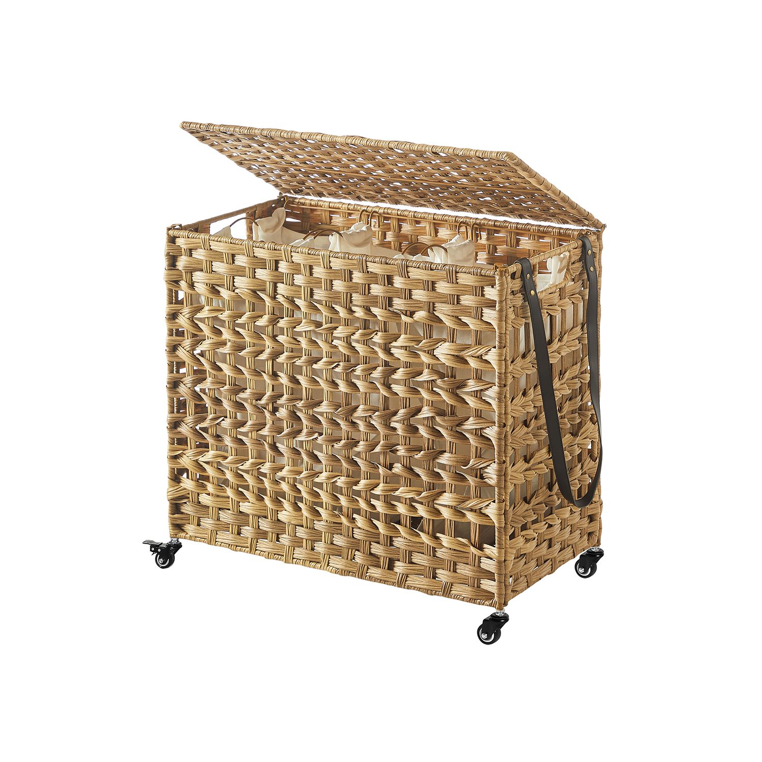 Wäschekorb handgeflochten Wäschesammler aus Polyrattan mit 3 Fächern Deckel und Griffen herausnehmbare Taschen Wohnzimmer Schlafzimmer