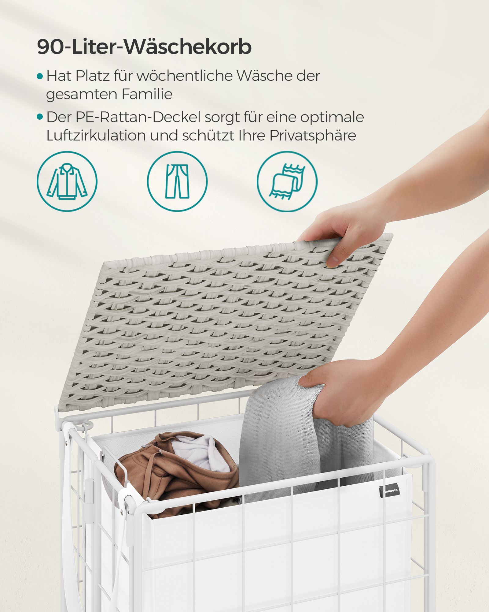 Skalbinių dėžė su ratukais ir skalbinių maišu debesis balta