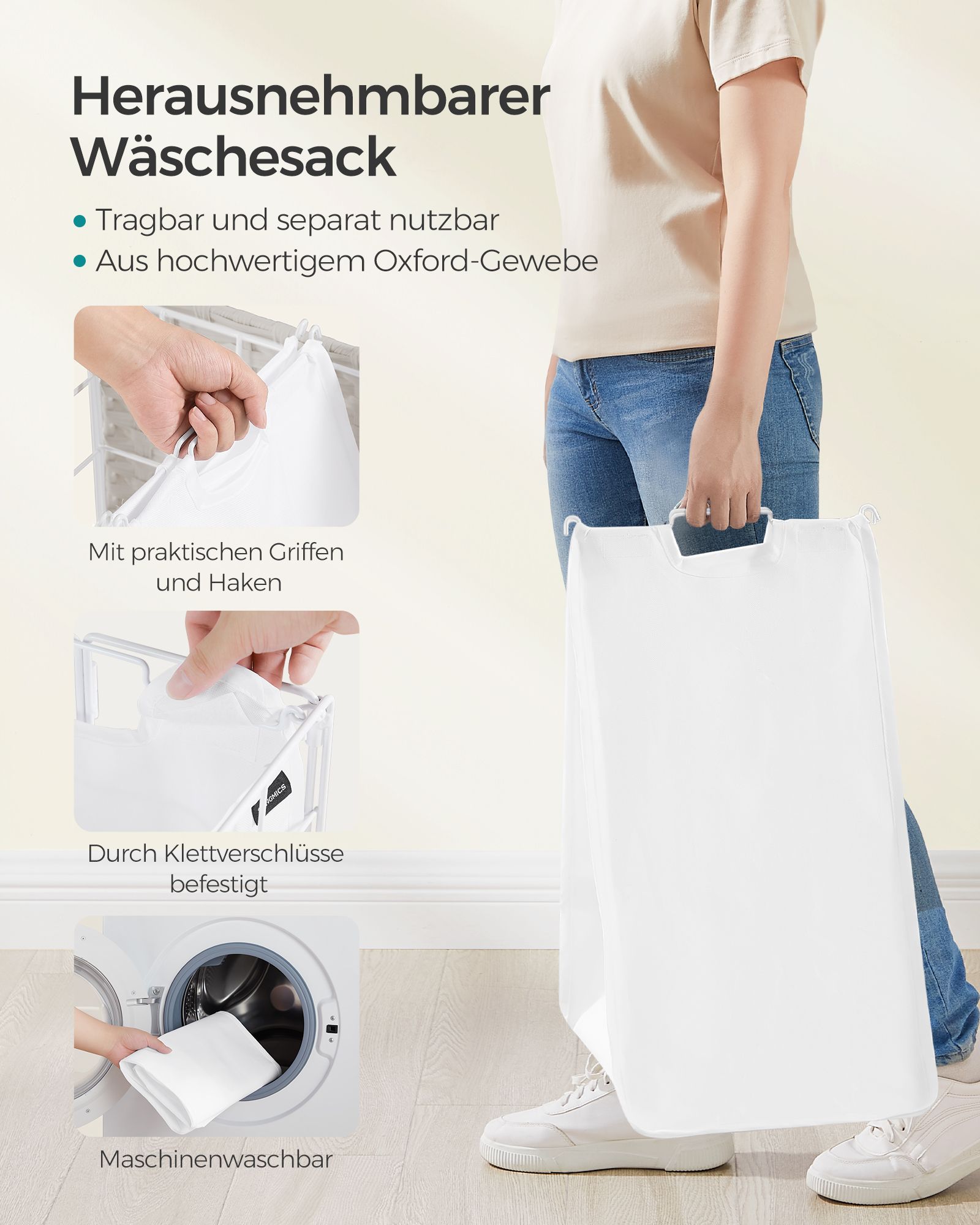 Skalbinių dėžė su ratukais ir skalbinių maišu debesis balta