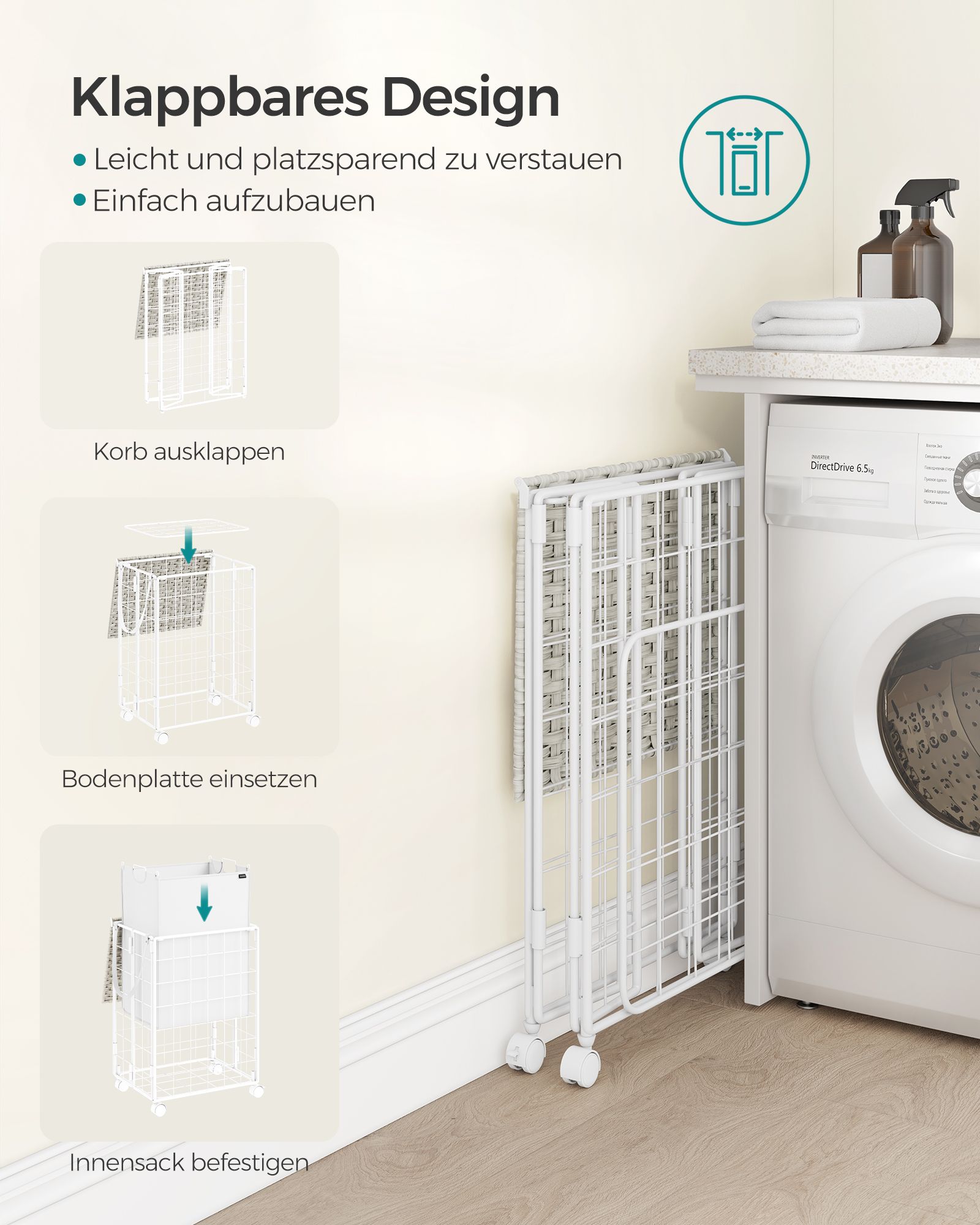 Skalbinių dėžė su ratukais ir skalbinių maišu debesis balta