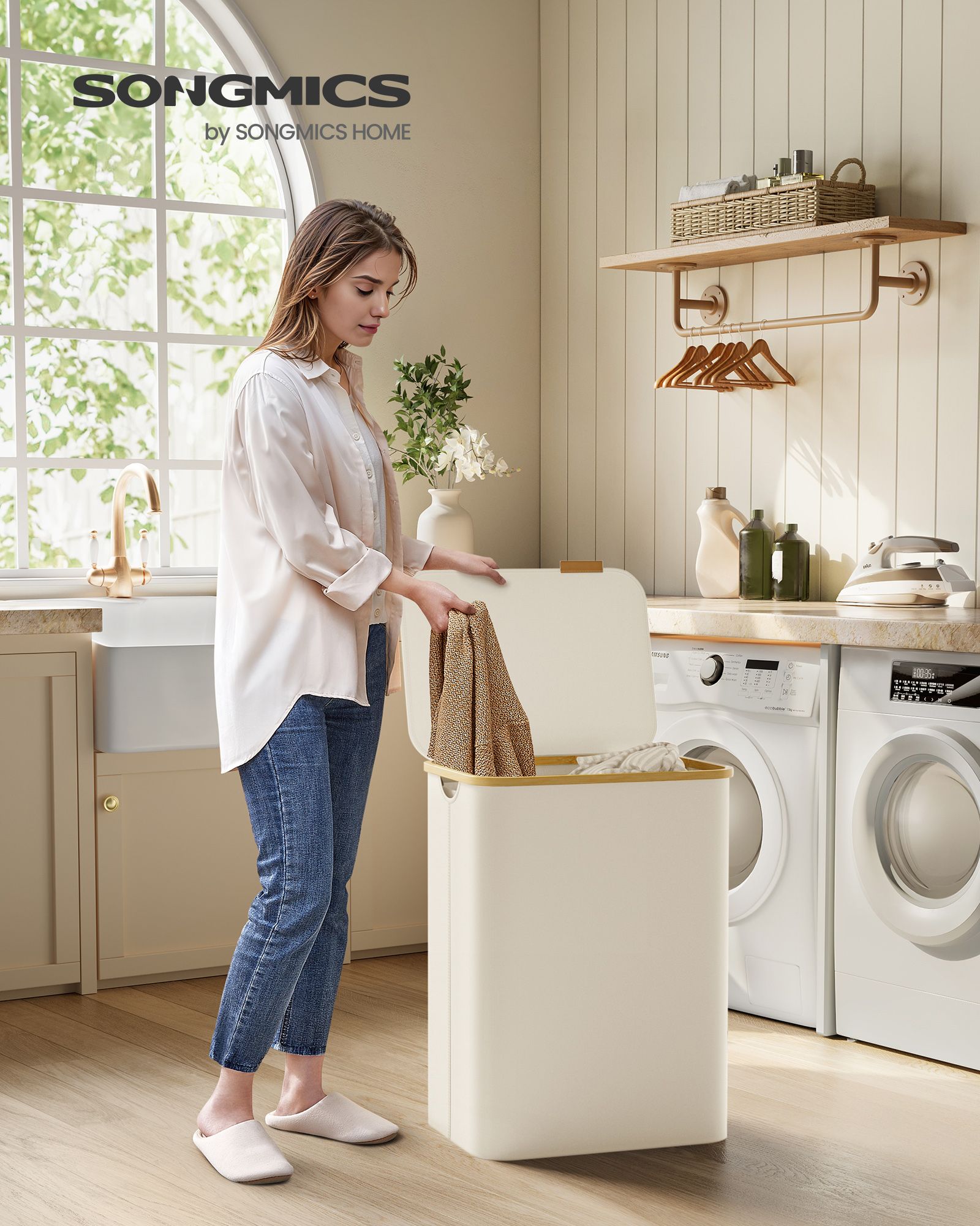 Skalbinių krepšys 2 skyrių su dangčiu baltos spalvos