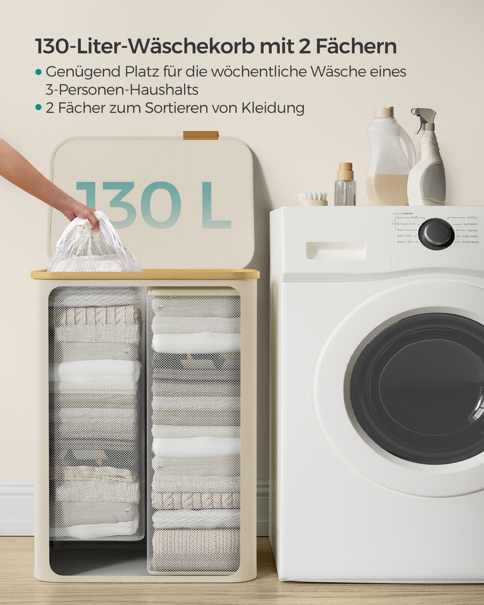 Skalbinių krepšys 2 skyrių su dangčiu baltos spalvos