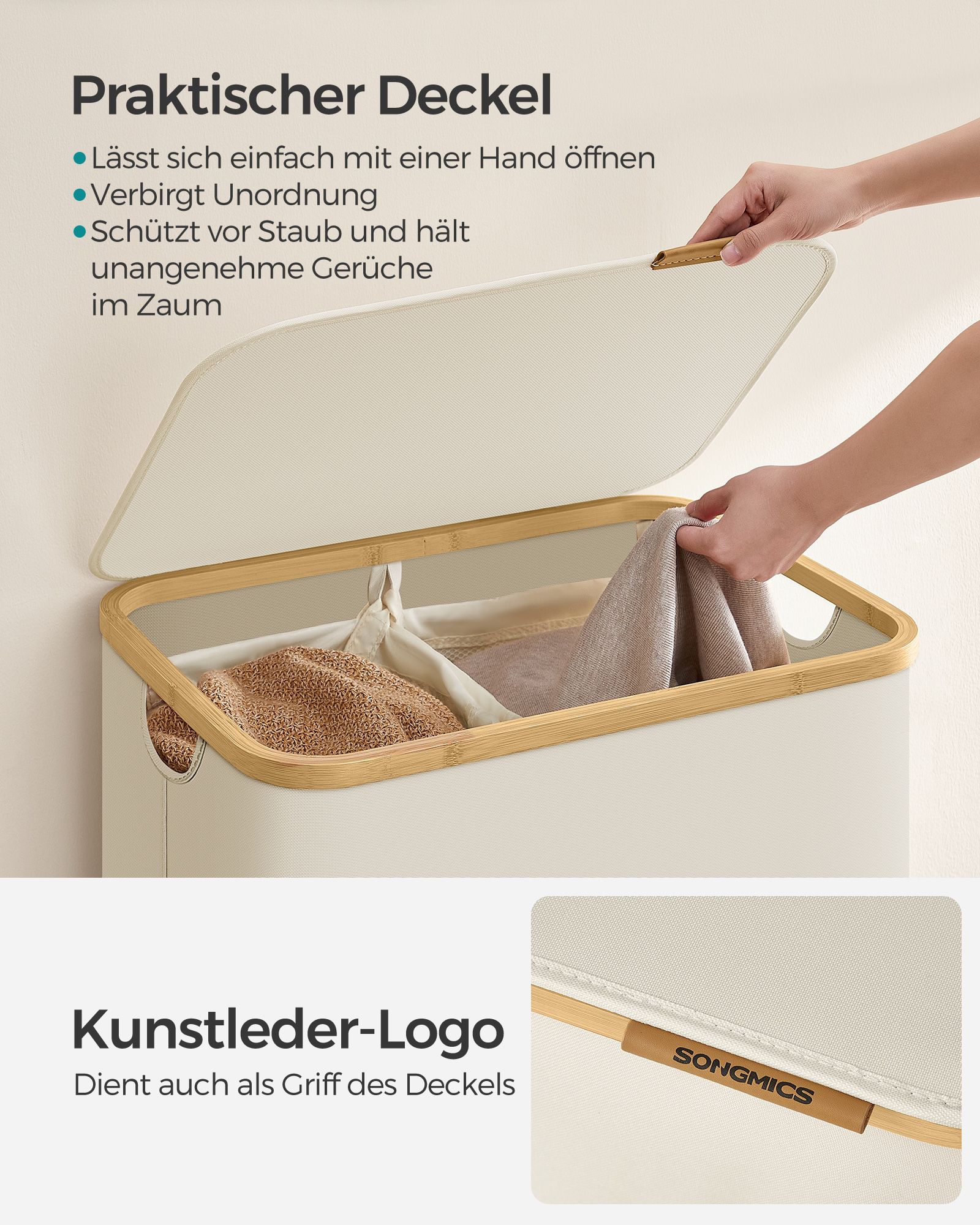 Skalbinių krepšys 2 skyrių su dangčiu baltos spalvos