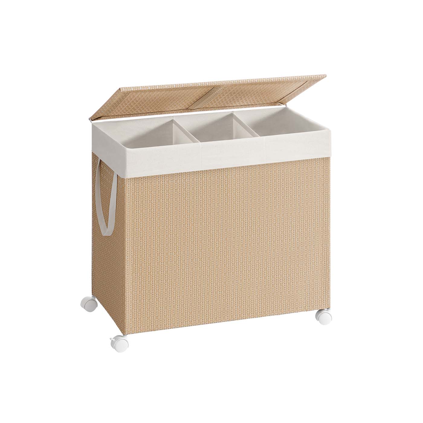 Wäschekorb 140 L mit 3 Fächern und Rollen naturbeige-mattweiß