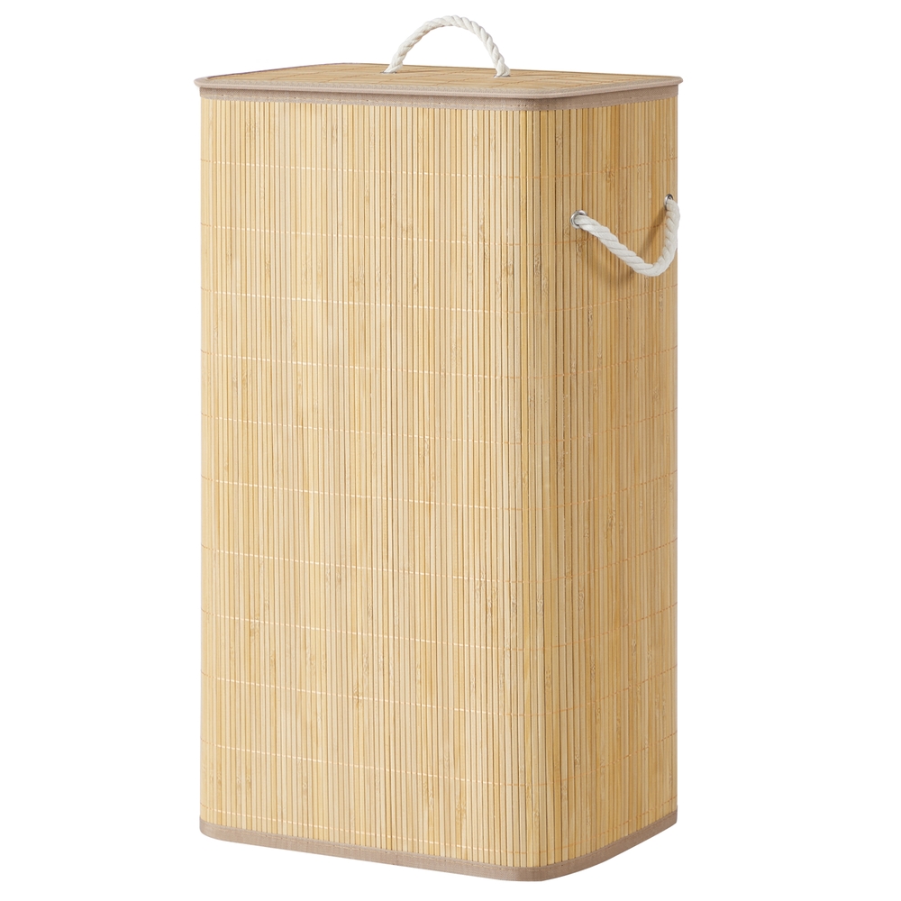 Wäschekorb mit Deckel, 90 L, Wäschesammler Bambus