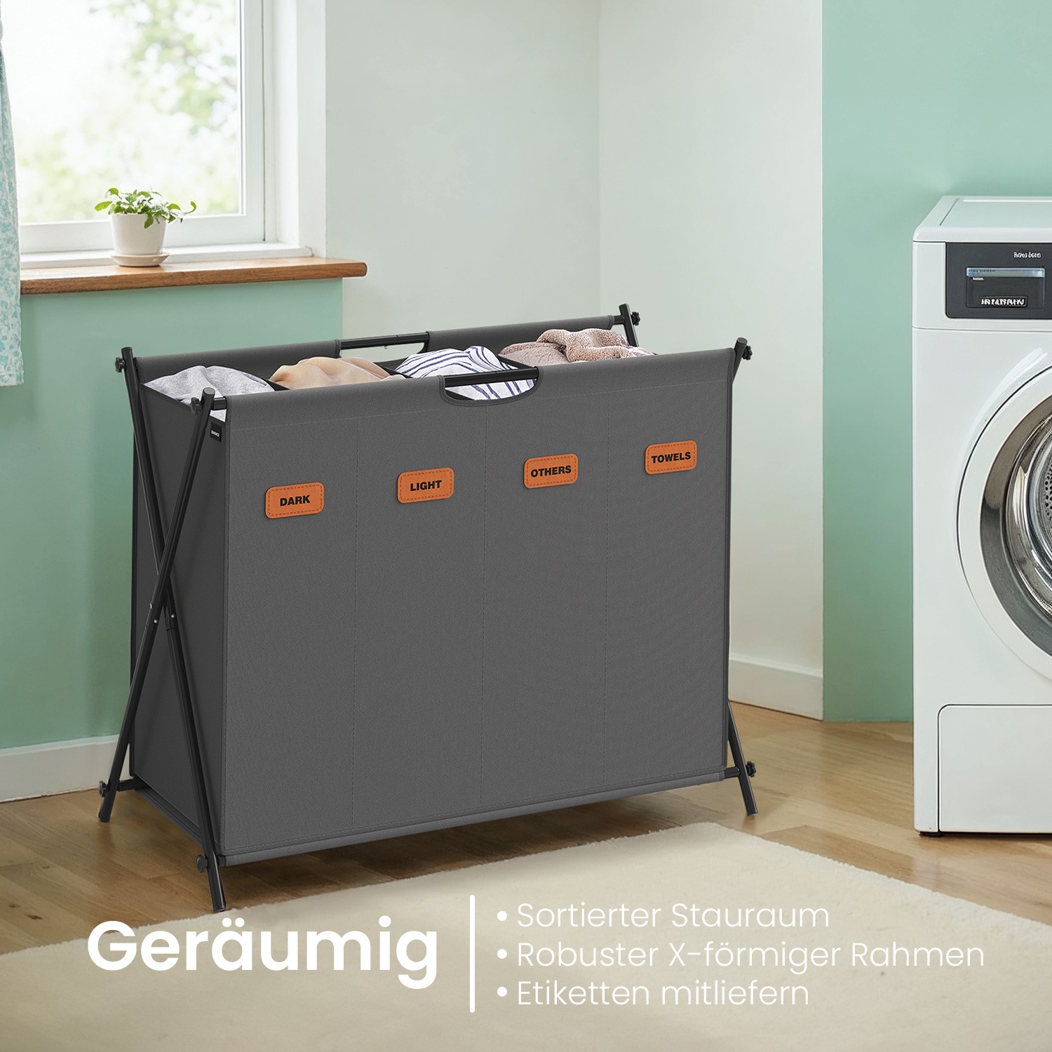Wäschekorb 155 Liter mit 4 Fächern schiefergrau