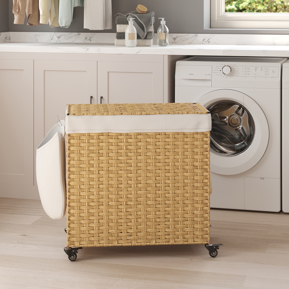 Wäschekorb mit Deckel, 140 L, Wäschesortierer mit Rollen