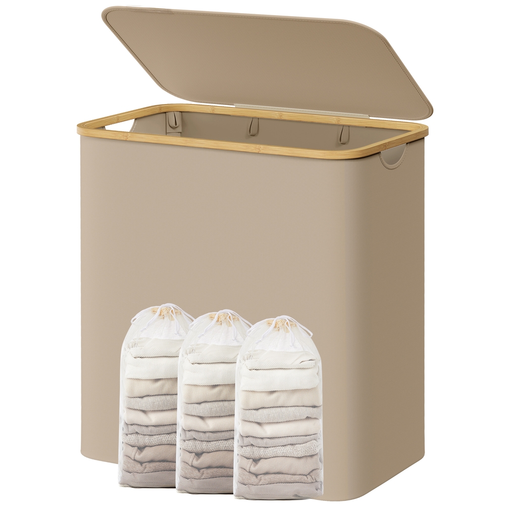 Wäschekorb 150 L mit Deckel und 3 Fächern 60 x 38,5 x 70,5 cm kamelbraun