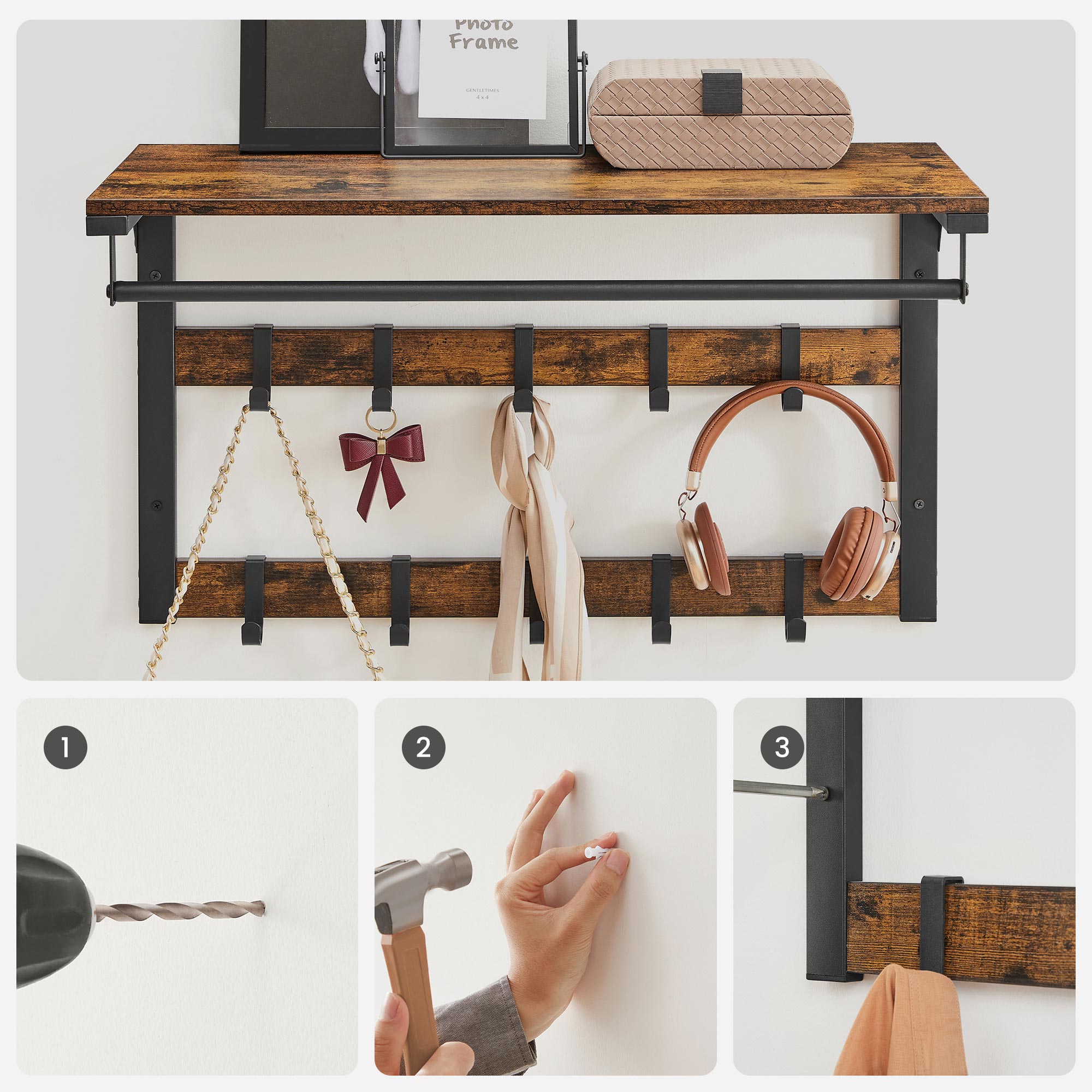 Sieninis drabužių stovas su lentyna