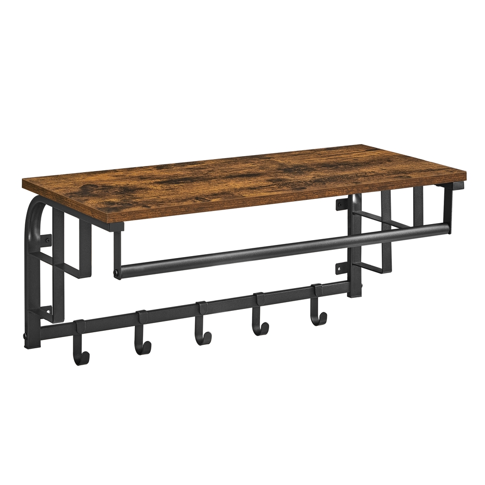 VASAGLE Wandgarderobe mit Ablage, Wandregal mit 5 abnehmbaren Haken | Hängeregal mit Hängestange, für Flur, Schlafzimmer und Wohnzimmer, Vintagebraun-Tintenschwarz, COLEX Kollektion LCR12BX