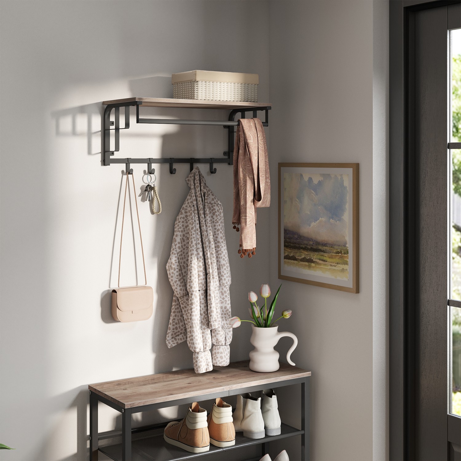 Wandgarderobe mit Ablage, Wandregal, wandmontiertes Hängeregal mit Hängestange