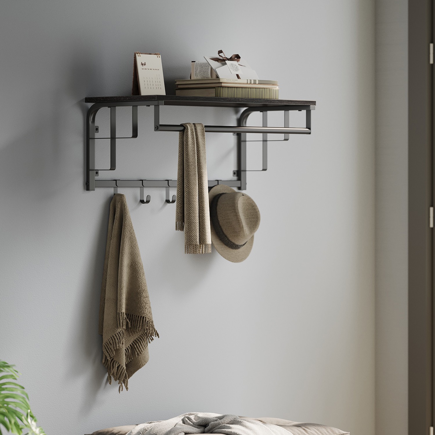 Wandgarderobe mit Ablage, Wandregal, wandmontiertes Hängeregal mit Hängestange