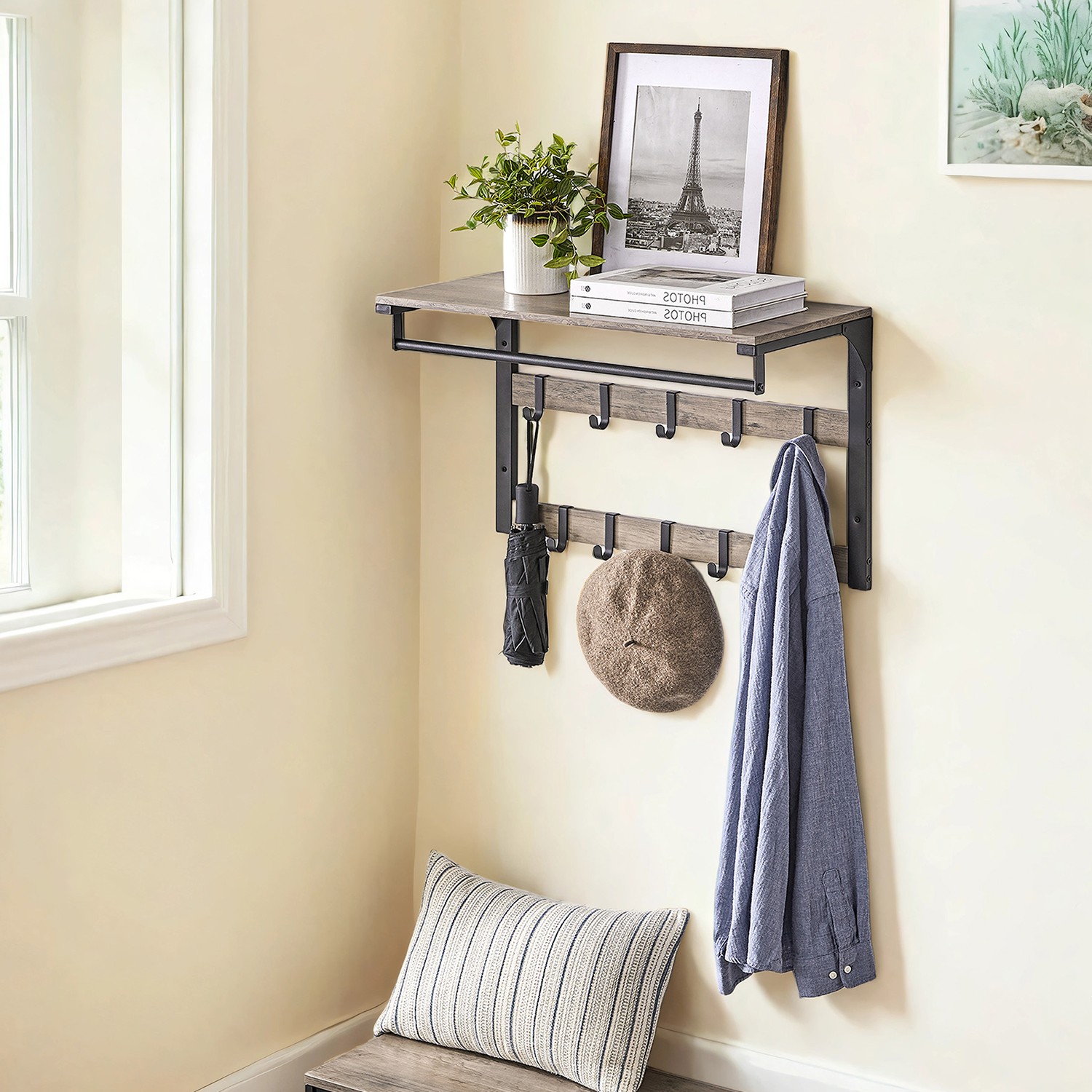 Wandgarderobe, mit Ablage, Wandregal mit 10 abnehmbaren Haken