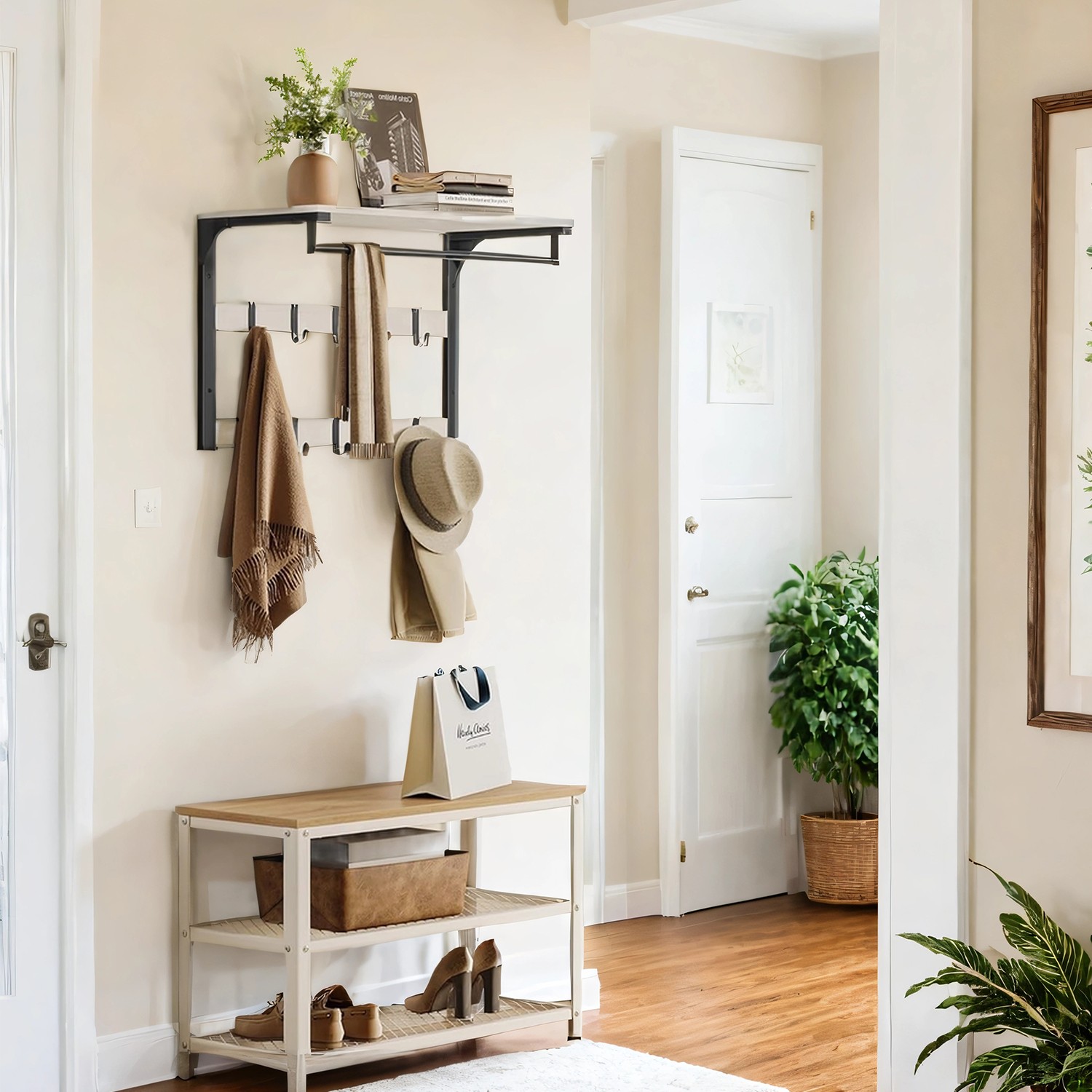 Wandgarderobe, mit Ablage, Wandregal mit 10 abnehmbaren Haken