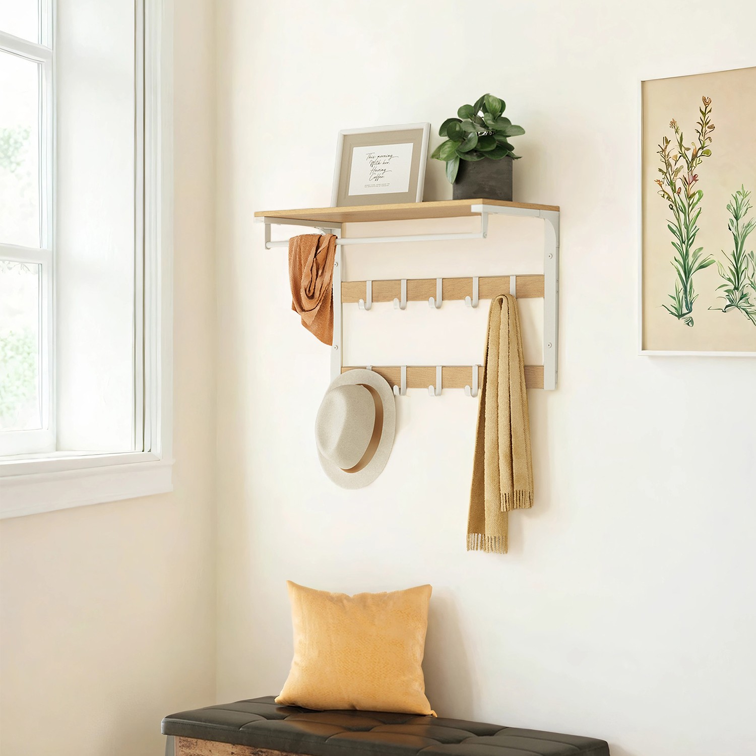 Wandgarderobe, mit Ablage, Wandregal mit 10 abnehmbaren Haken
