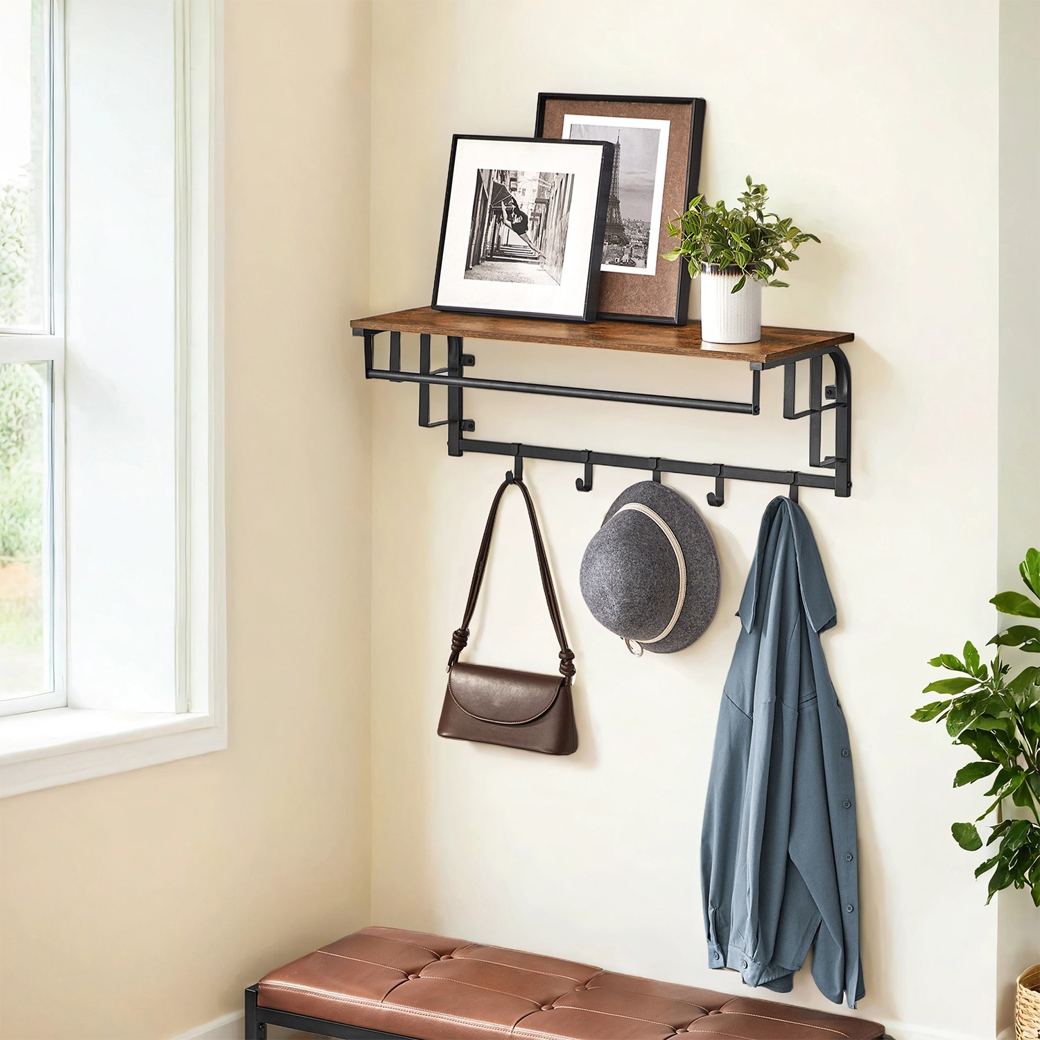 Wandgarderobe mit Aufbewahrungsregal, Wandregal, Hängeregal mit Kleiderstange