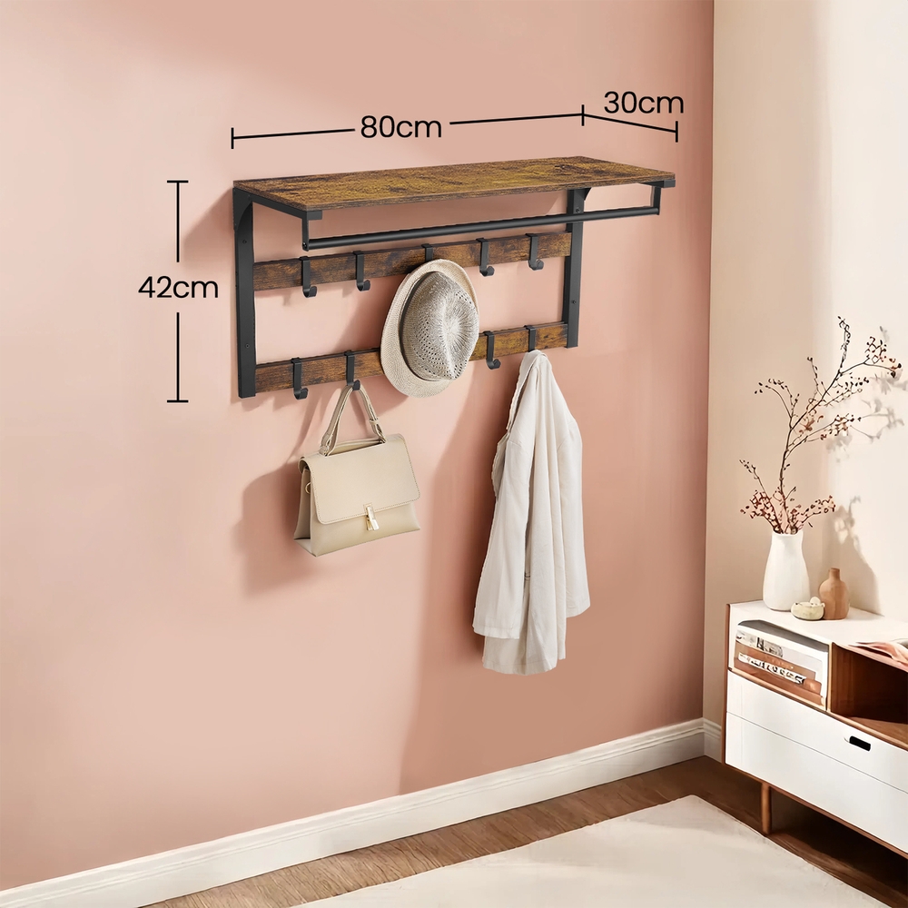 Wandgarderobe, mit Ablage, Wandregal mit 10 abnehmbaren Haken