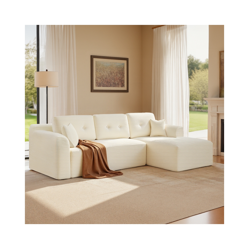 Modulares Sofa 244 cm breit mit großer Chaiselongue rechts cremeweiß