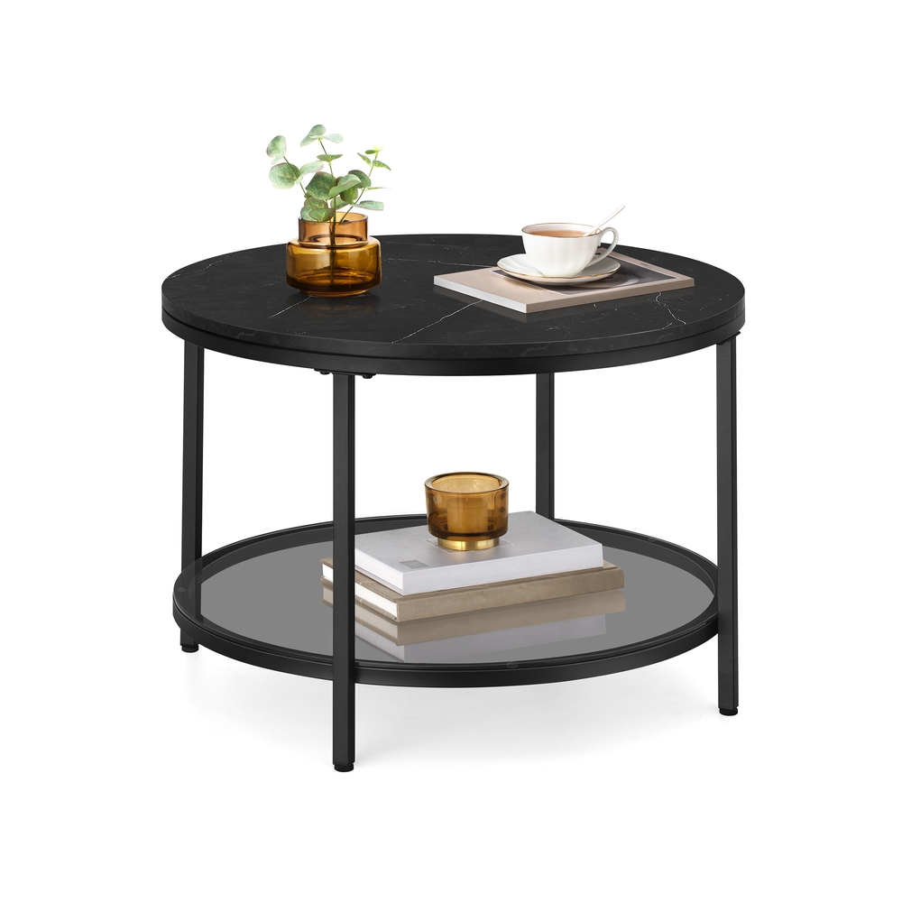 Couchtisch 2 Ebenen mit Glasplatte marmorschwarz-tintenschwarz