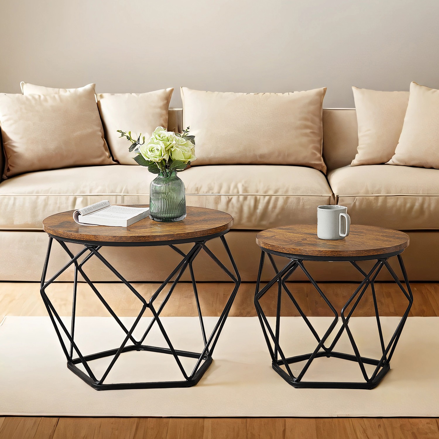 Couchtisch 2er Set, Wohnzimmertisch rund, Beistelltisch modern