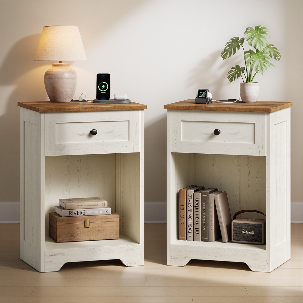 Nachttisch 2er Set wolkenweiß-erdbraun 40x30x59 cm Steckdose
