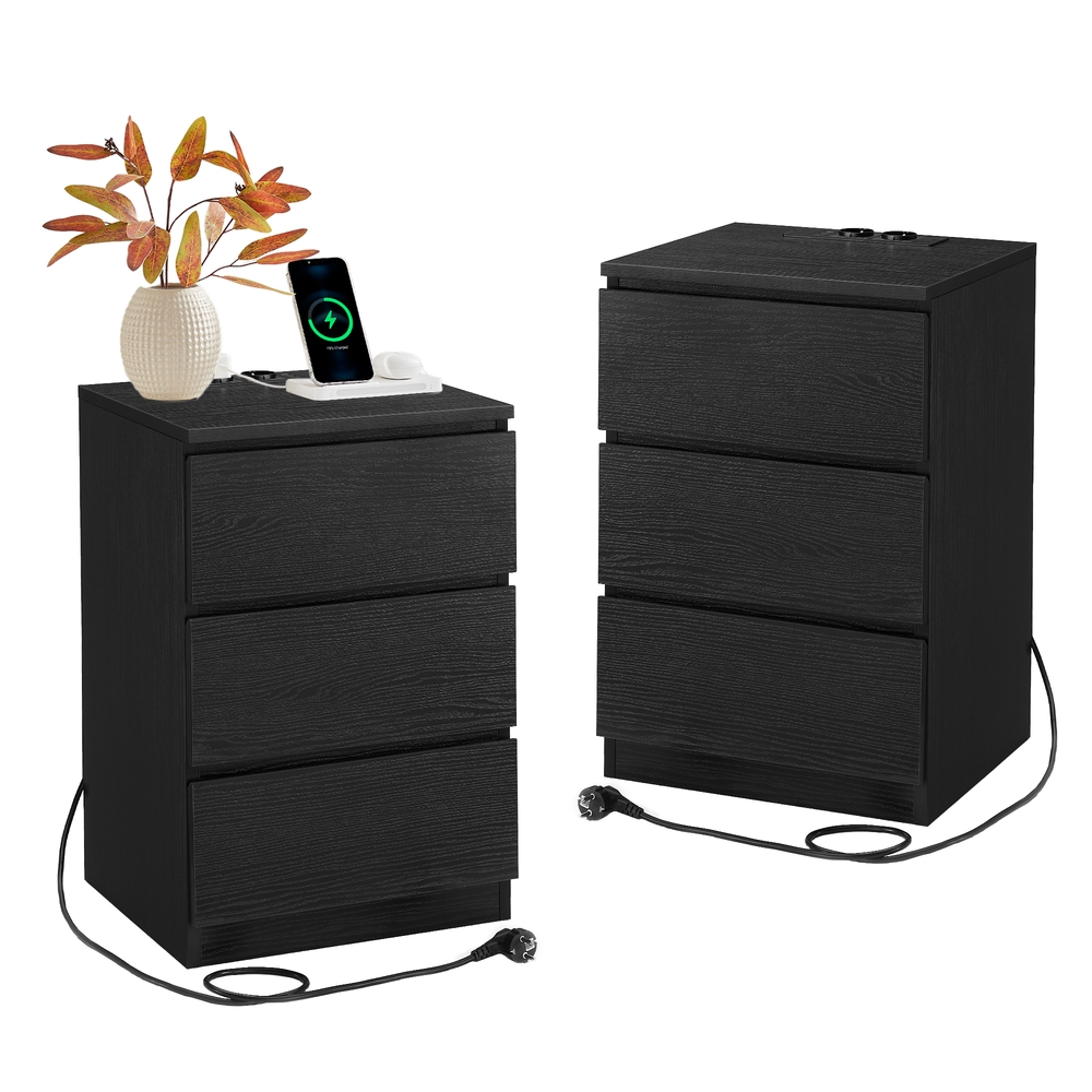 VASAGLE Nachttisch 2er Set Beistelltisch 3 Schubladen abgeschrägte Kante 2 AC-Steckdosen 2 USB-Anschlüsse Wohnzimmer Schlafzimmer