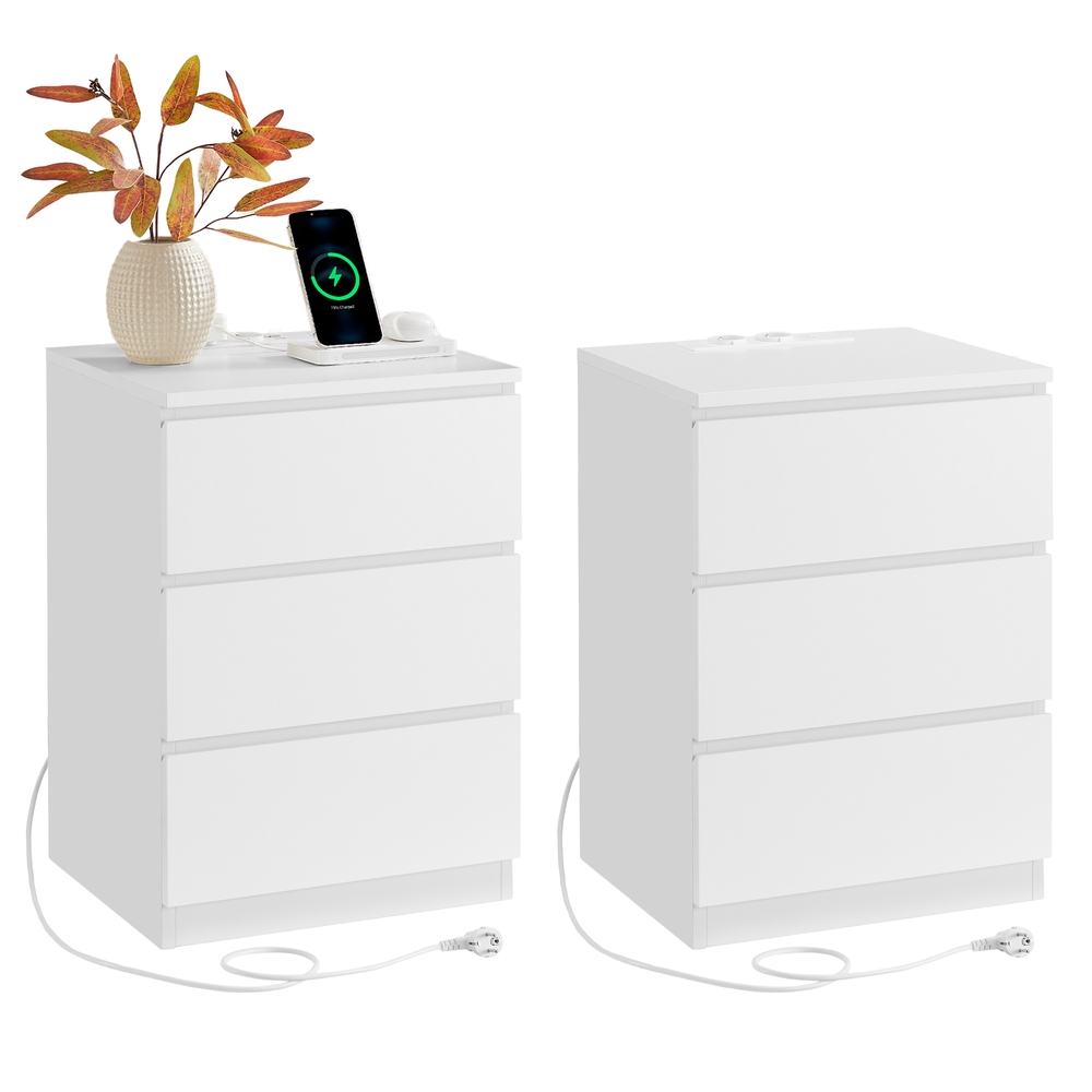Vasagle Nachttisch 2er Set Beistelltisch 3 Schubladen abgeschrägte Kante 2 AC-Steckdosen 2 USB-Anschlüsse Wohnzimmer Schlafzimmer