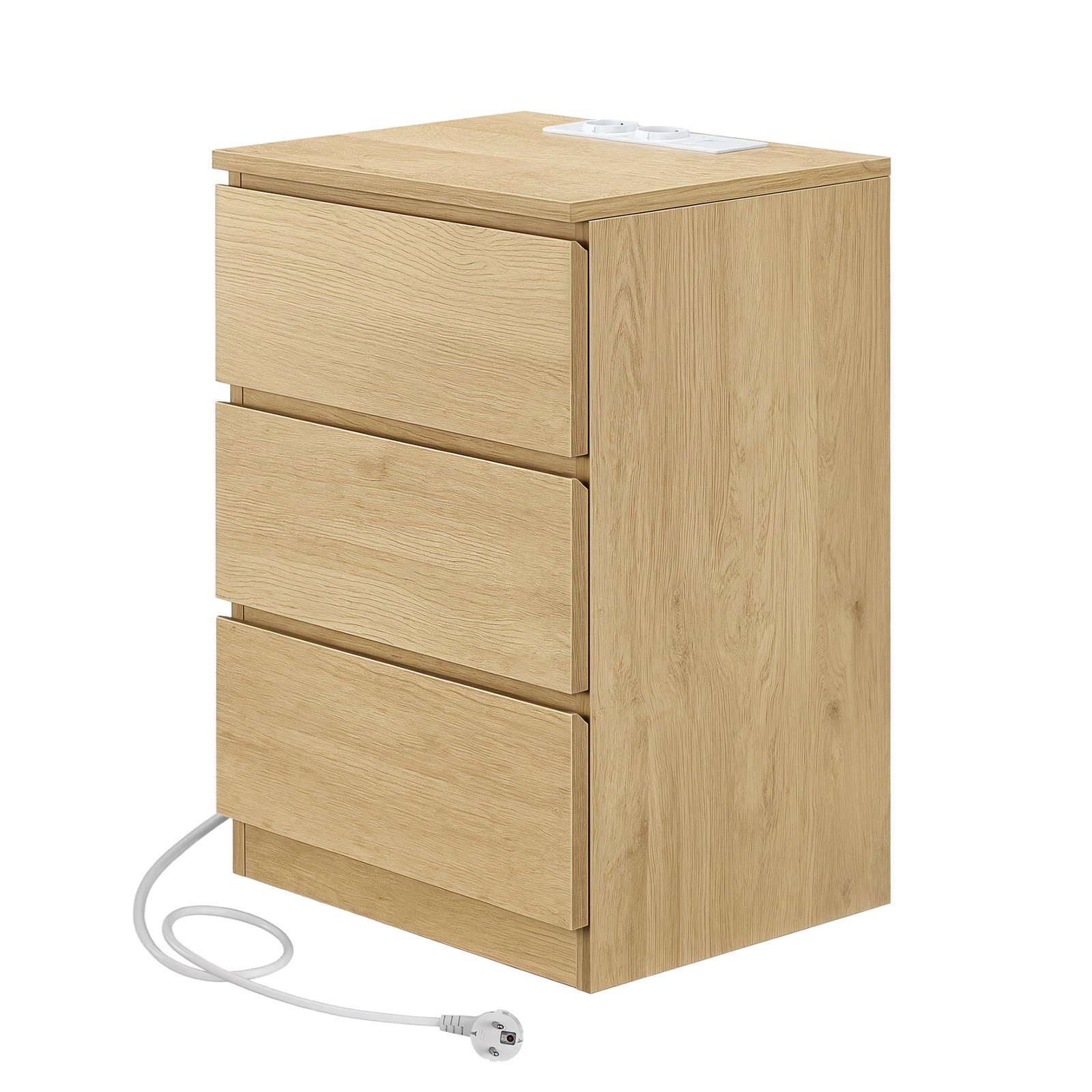 Beistelltisch Set mit Steckdosenleiste, Nachttisch, 3 Schubladen