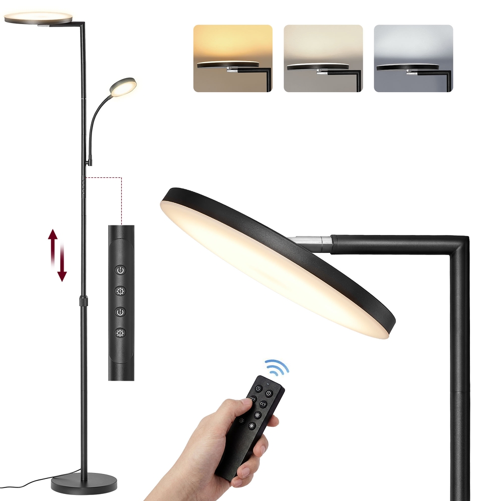 VASAGLE Stehlampe Wohnzimmer 42W, Deckenfluter Led Dimmbar, Standleuchte, drehbarer Lampenkopf, Schlafzimmer, Büro, Leselampe, Timer, Tasten- und Fernbedienung, mattschwarz LFL028BD02