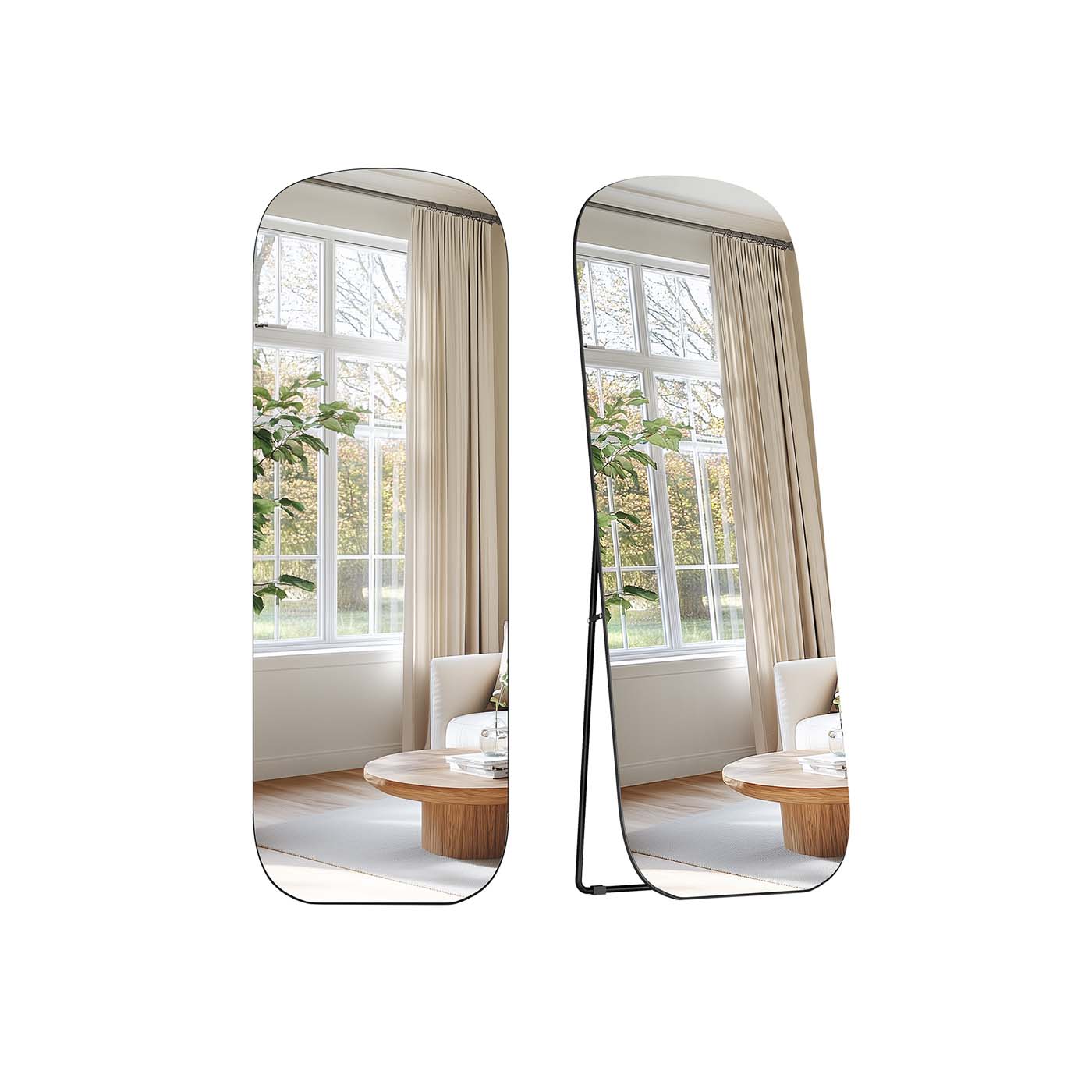 Ganzkörperspiegel, 160 x 50 cm, Standspiegel mit runden Ecken, Rahmen aus Aluminiumlegierung, Hartglas, für Schlafzimmer, Wohnzimmer, Garderobe, tintenschwarz LFM029B01