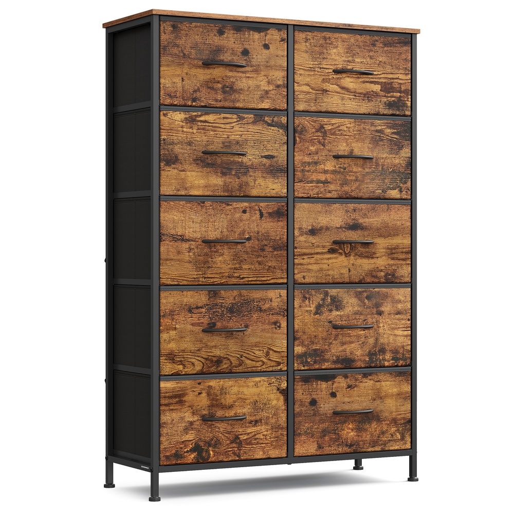 SONGMICS BELLAH Kollektion - Kommode, Schrank, Aufbewahrungsschrank, für Schlafzimmer, Flur, Wohnzimmer, Stahl, 10 Schubladen, Industrie-Stil, vintagebraun-tintenschwarz LGS125BH04