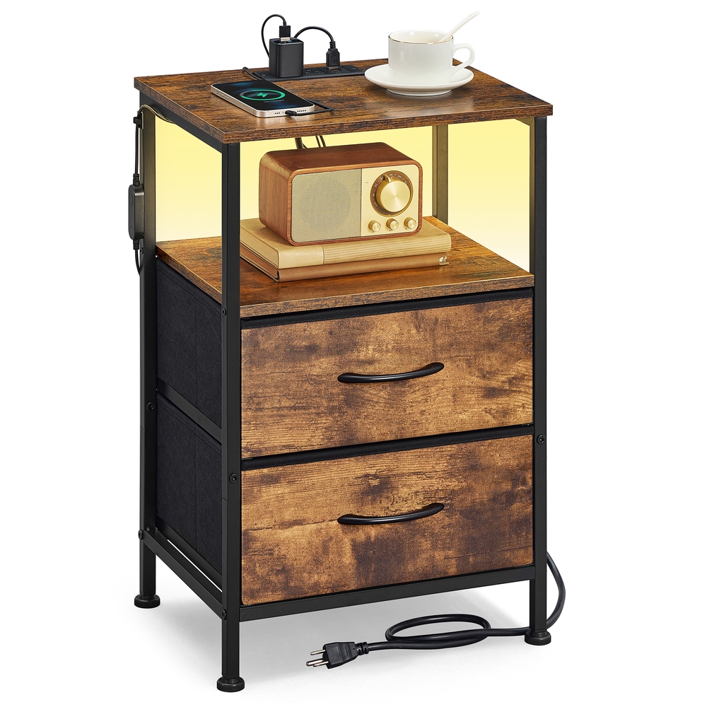 Nachttisch vintagebraun-schwarz LED Steckdose 39,6x30x60,4 cm