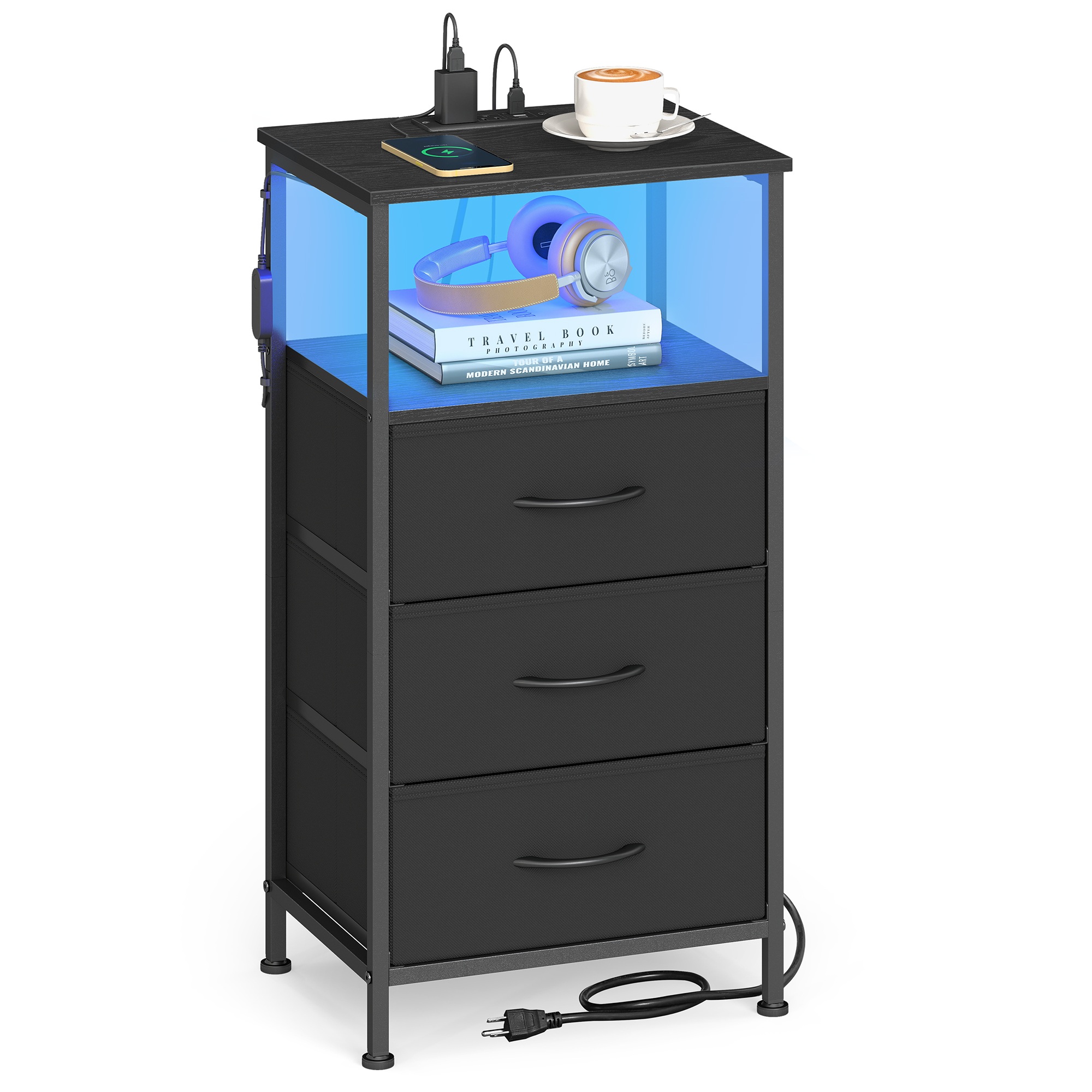 Nachttisch tintenschwarz LED Steckdose 39,6x30x75,9 cm 3 Schubladen