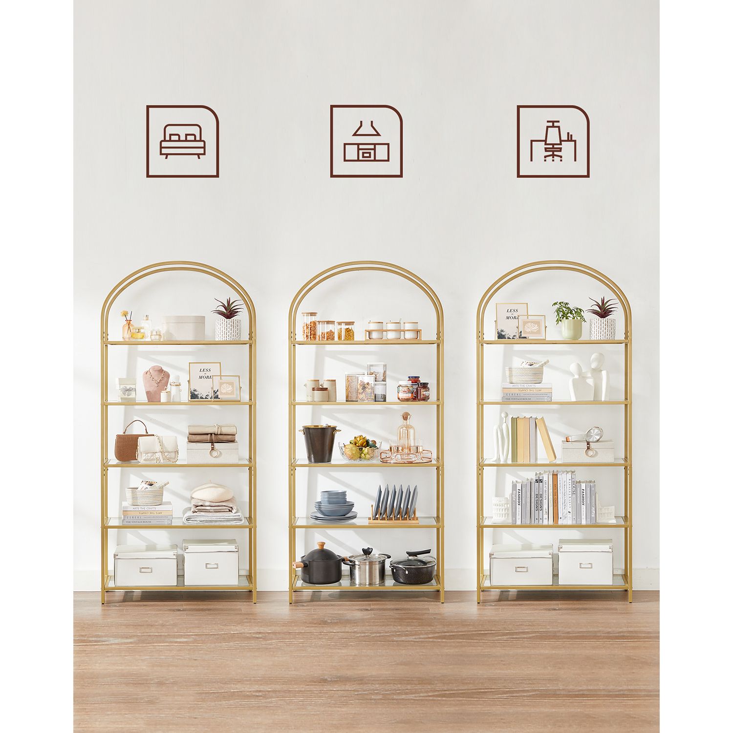 Knygų spinta su 5 grūdinto stiklo lentynomis