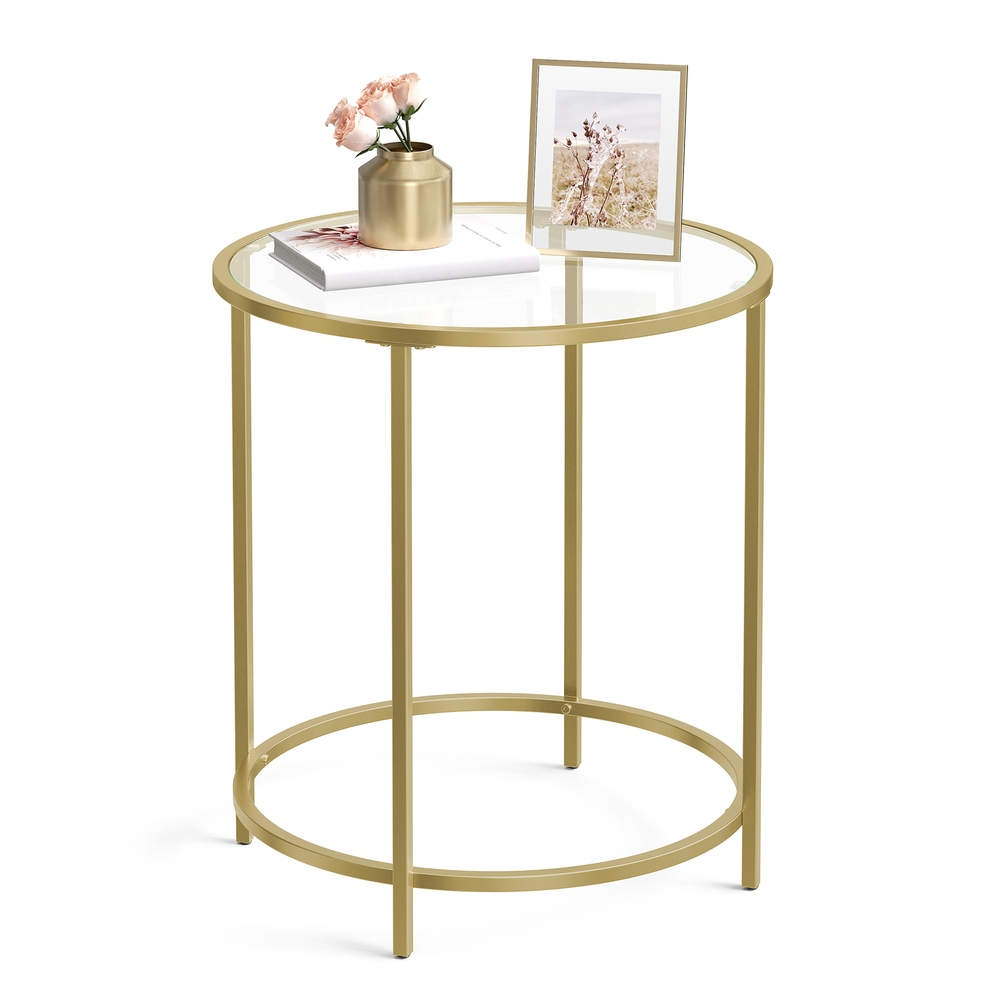 VASAGLE Beistelltisch rund, mit Glas und Metallgestell | Kleiner Couchtisch, Nachttisch, Sofatisch, Balkon, Blassgold und Klarglas, BARIS Kollektion LGT20G