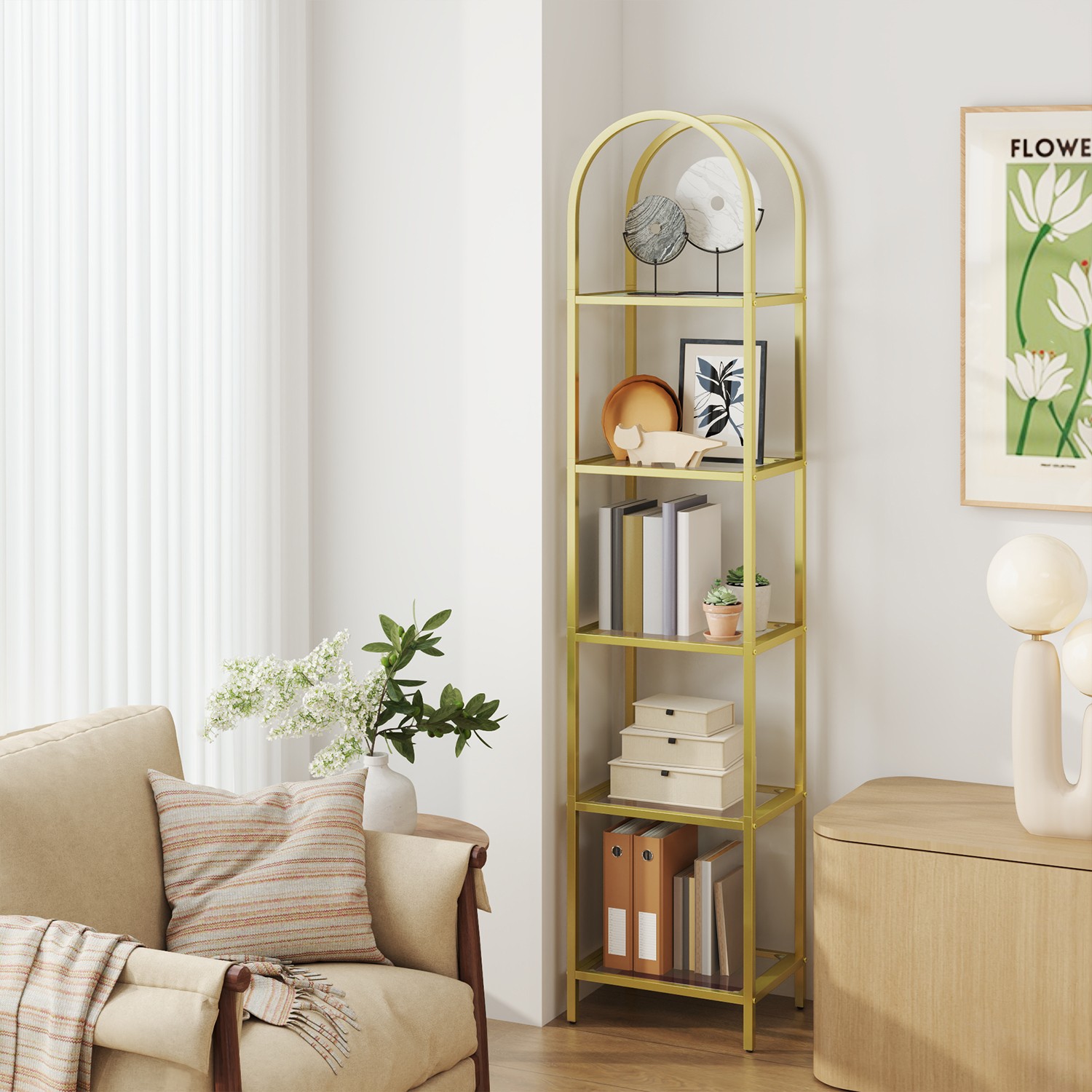 Regal mit 5 Ebenen, Bücherregal aus Hartglas, bogenförmiges Aufbewahrungsregal